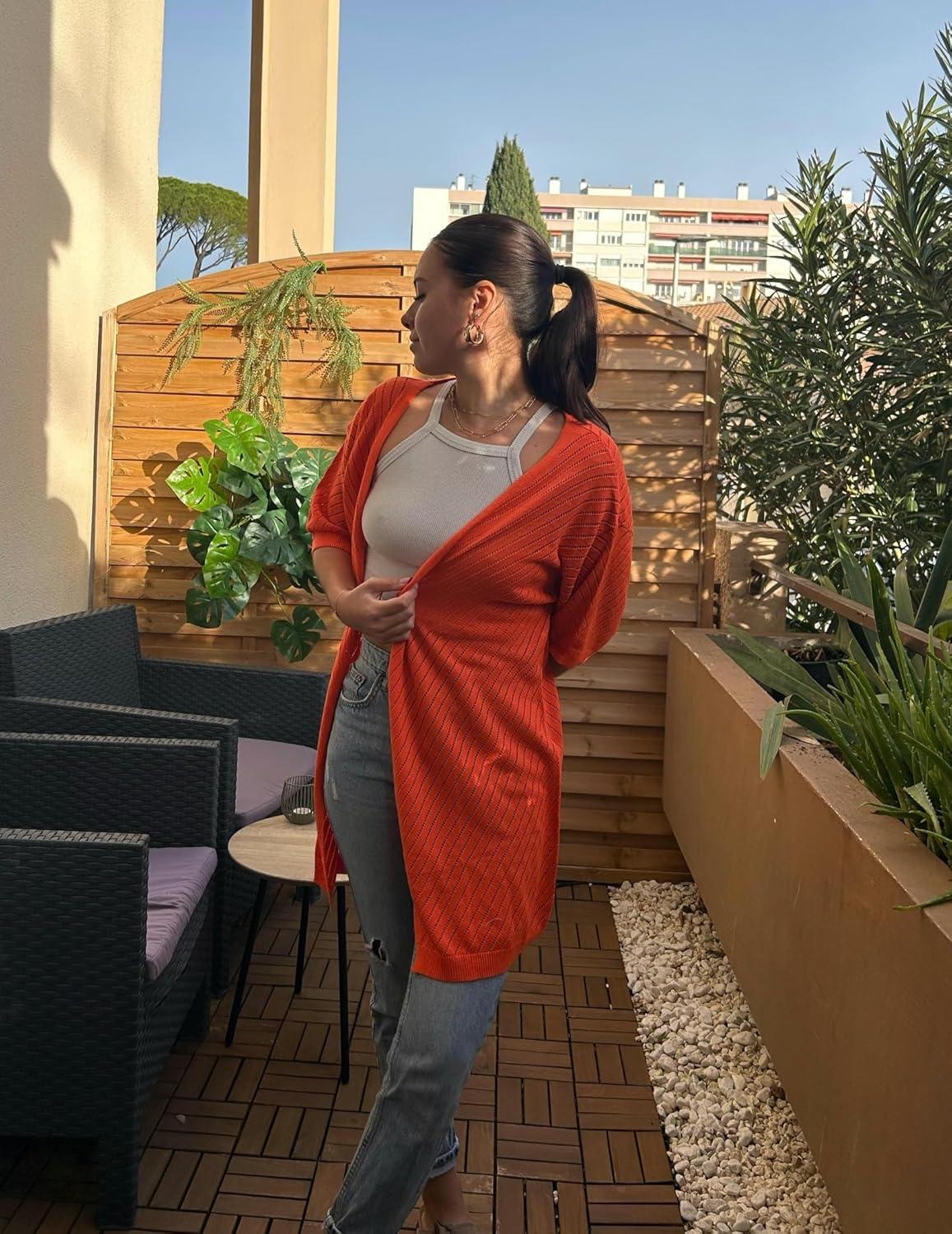 imageZeagoo Lightweight Summer Cardigan for Women Short Sleeve V Neck Crochet Kimonos Loose Open Front Hollow Out Cover UpsOrange