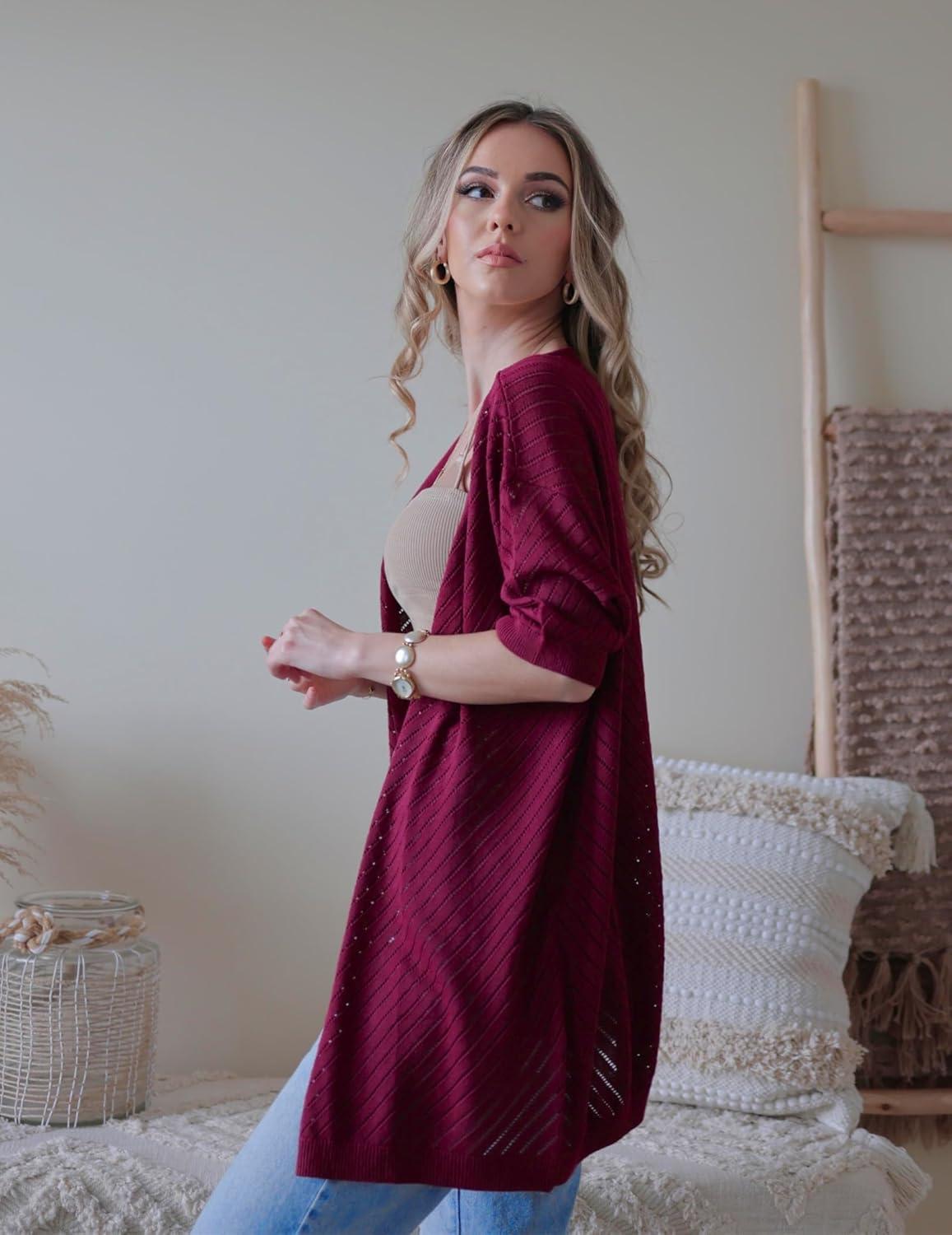 imageZeagoo Lightweight Summer Cardigan for Women Short Sleeve V Neck Crochet Kimonos Loose Open Front Hollow Out Cover UpsWine Red
