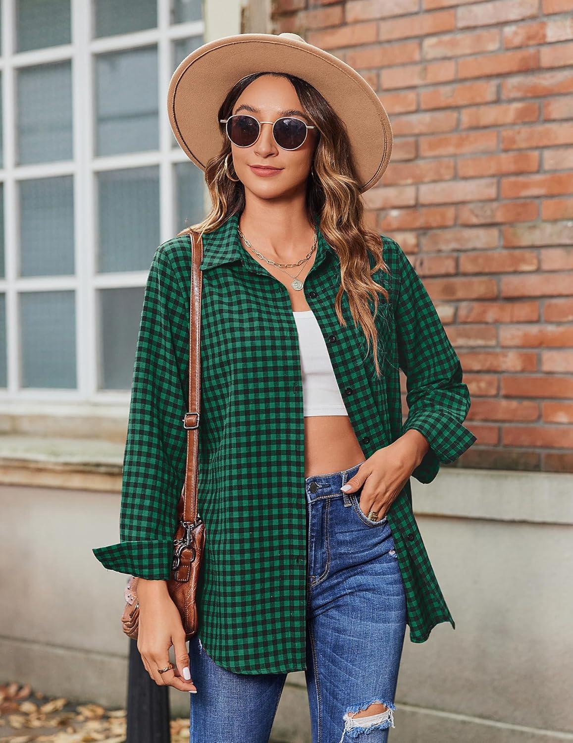 imageZeagoo Long Sleeve Plaid Shirt for Women Button Down Shirts Buffalo Shackets Business Casual BlousesGreen 490