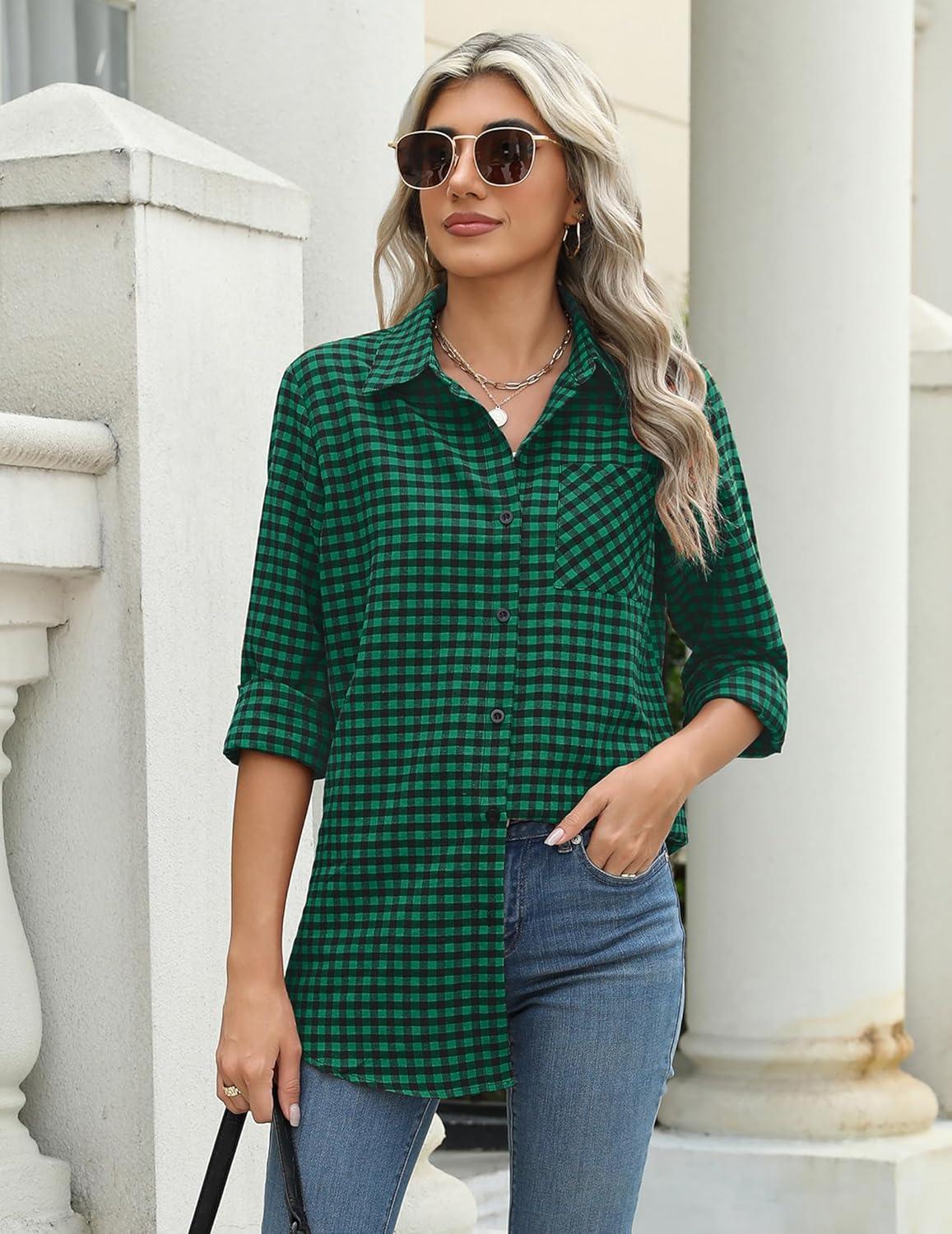 imageZeagoo Long Sleeve Plaid Shirt for Women Button Down Shirts Buffalo Shackets Business Casual BlousesGreen 490