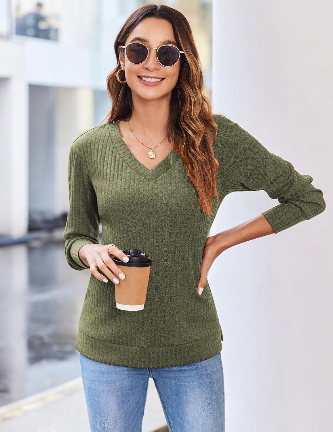 imageZeagoo Long Sleeve Shirts for Women V Neck Casual Sweaters Basic Knit 2025 Fall Fashion Pullover TopsArmy Green