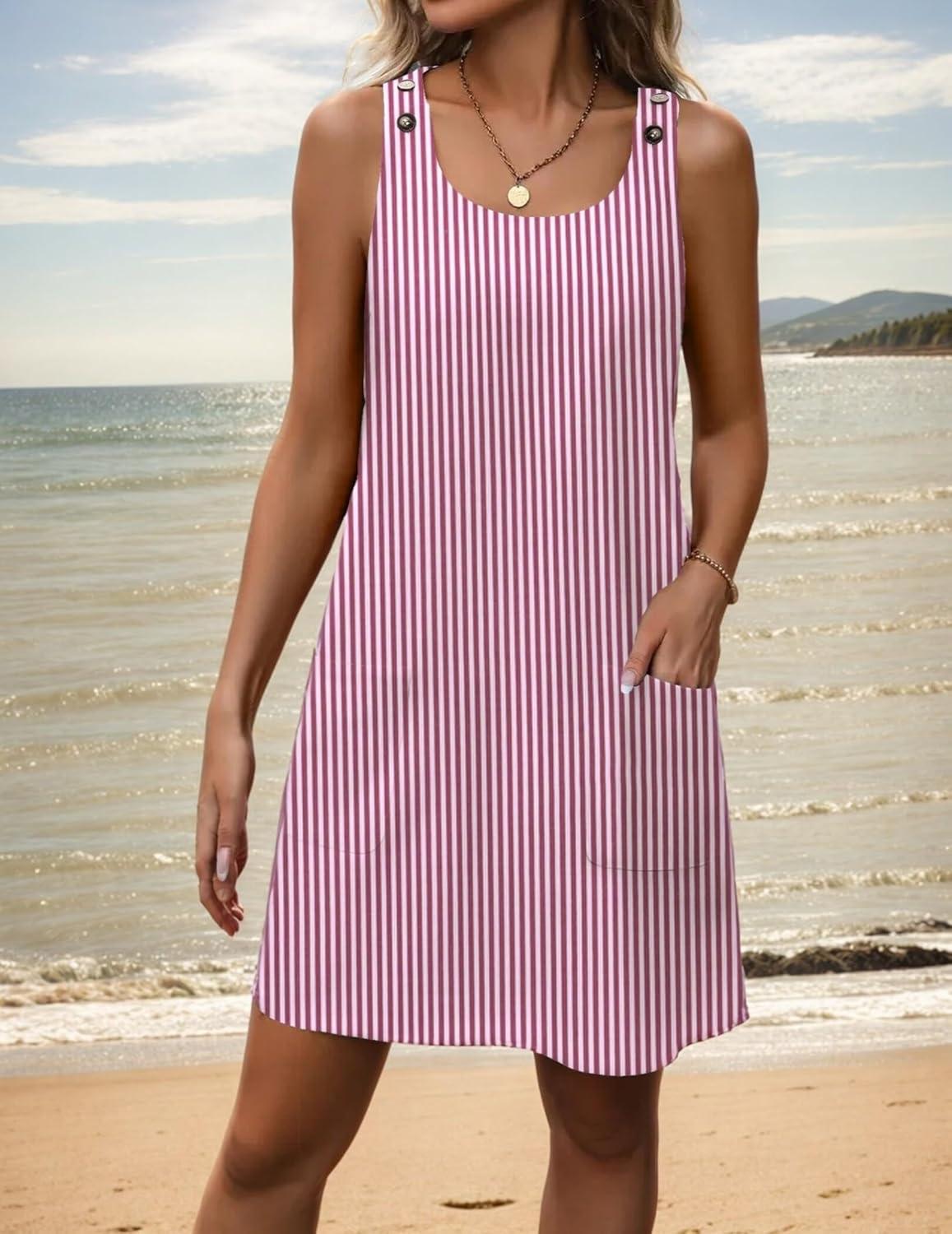 imageZeagoo Summer Dress for Women Sleeveless Tank Dress with Pockets Casual Short A Line Dress Crewneck Sundress 2025Hotpink Stripe