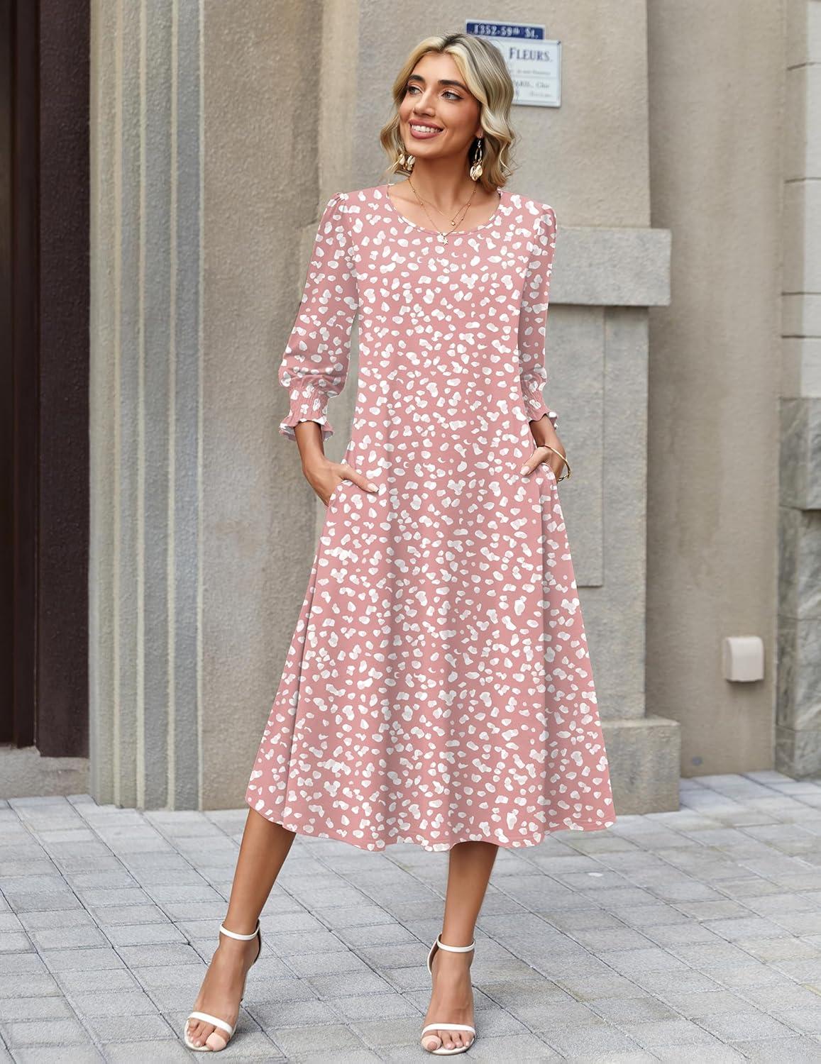 imageZeagoo Summer Dresses for Women 2026 34 Sleeve Dress for Women Floral Midi Dresses for Casual Womens Dresses with PocketsFloraljh589