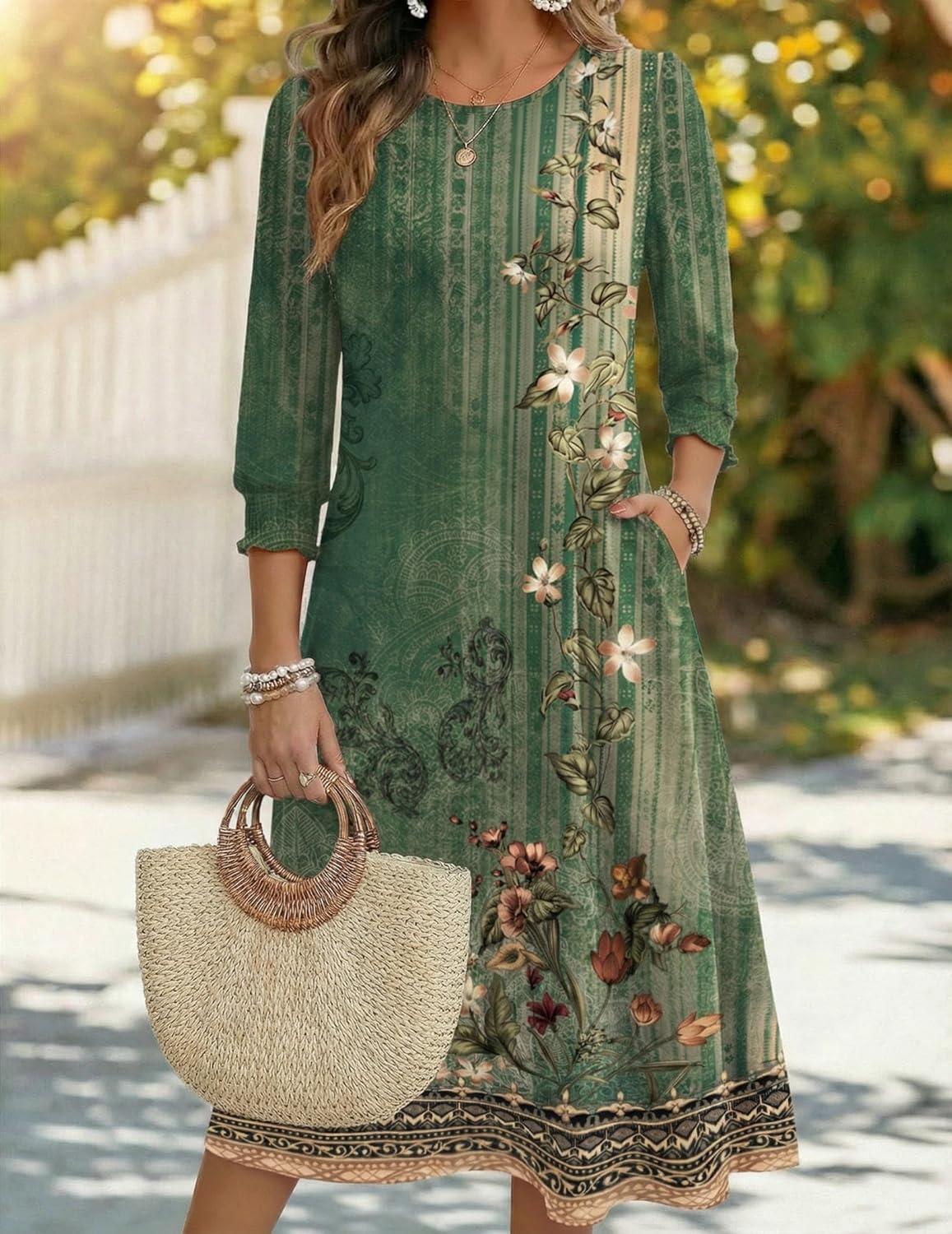 imageZeagoo Summer Dresses for Women 2026 34 Sleeve Dress for Women Floral Midi Dresses for Casual Womens Dresses with PocketsFloralmz840