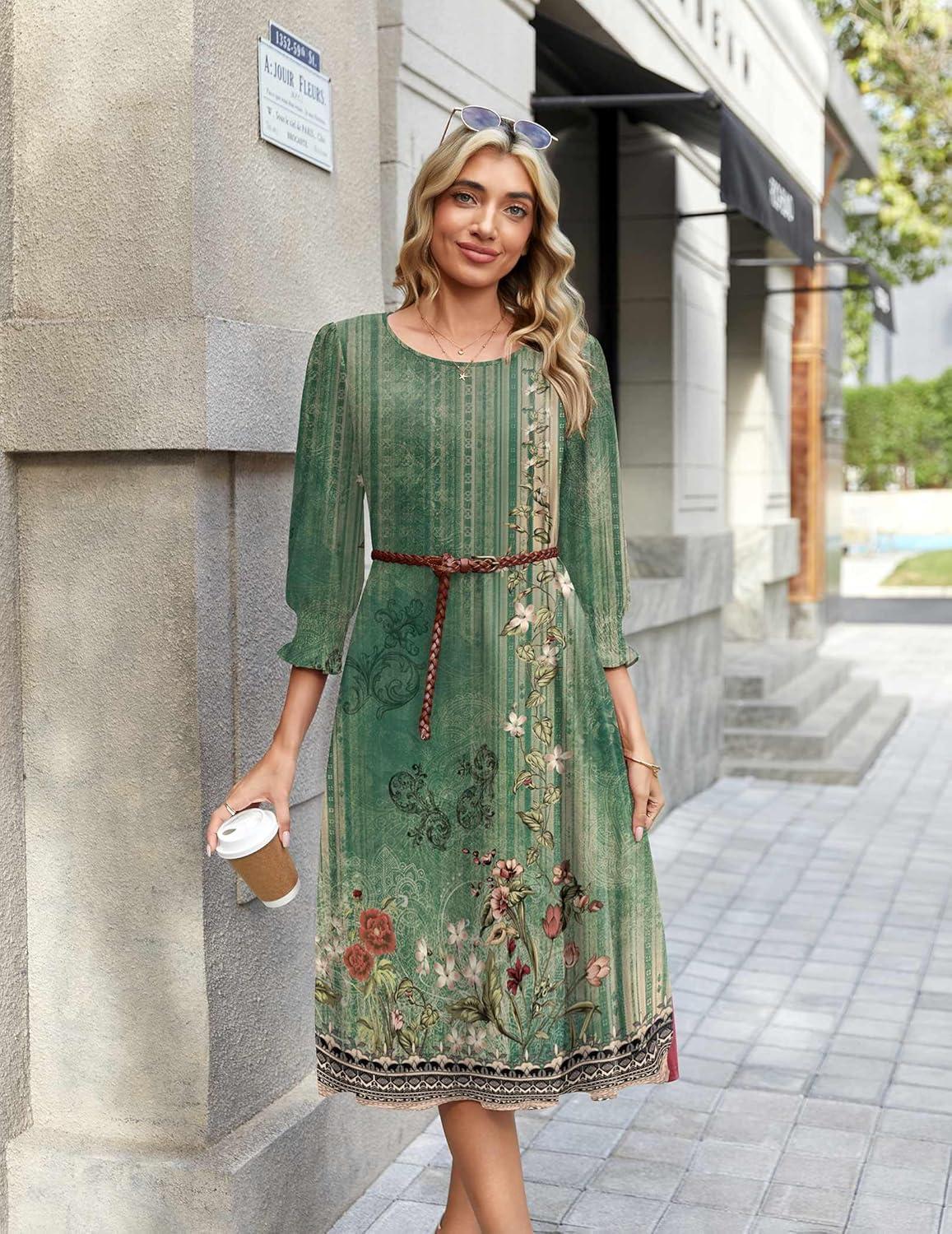 imageZeagoo Summer Dresses for Women 2026 34 Sleeve Dress for Women Floral Midi Dresses for Casual Womens Dresses with PocketsFloralmz840