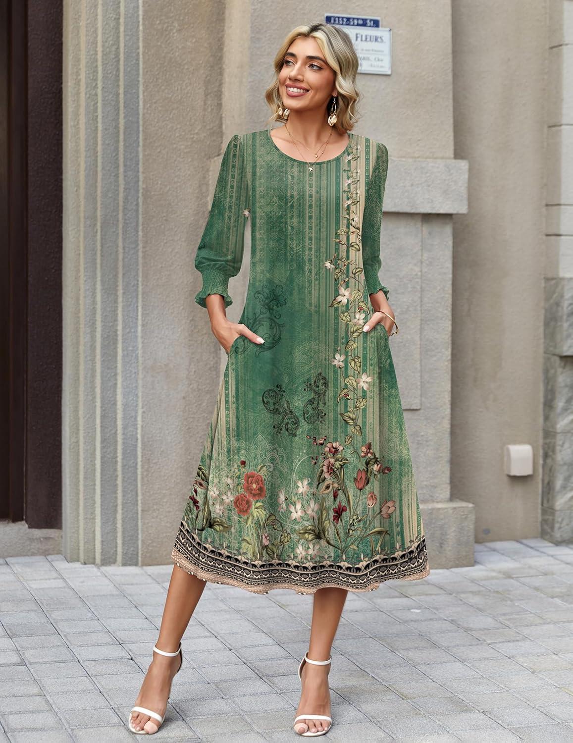 imageZeagoo Summer Dresses for Women 2026 34 Sleeve Dress for Women Floral Midi Dresses for Casual Womens Dresses with PocketsFloralmz840