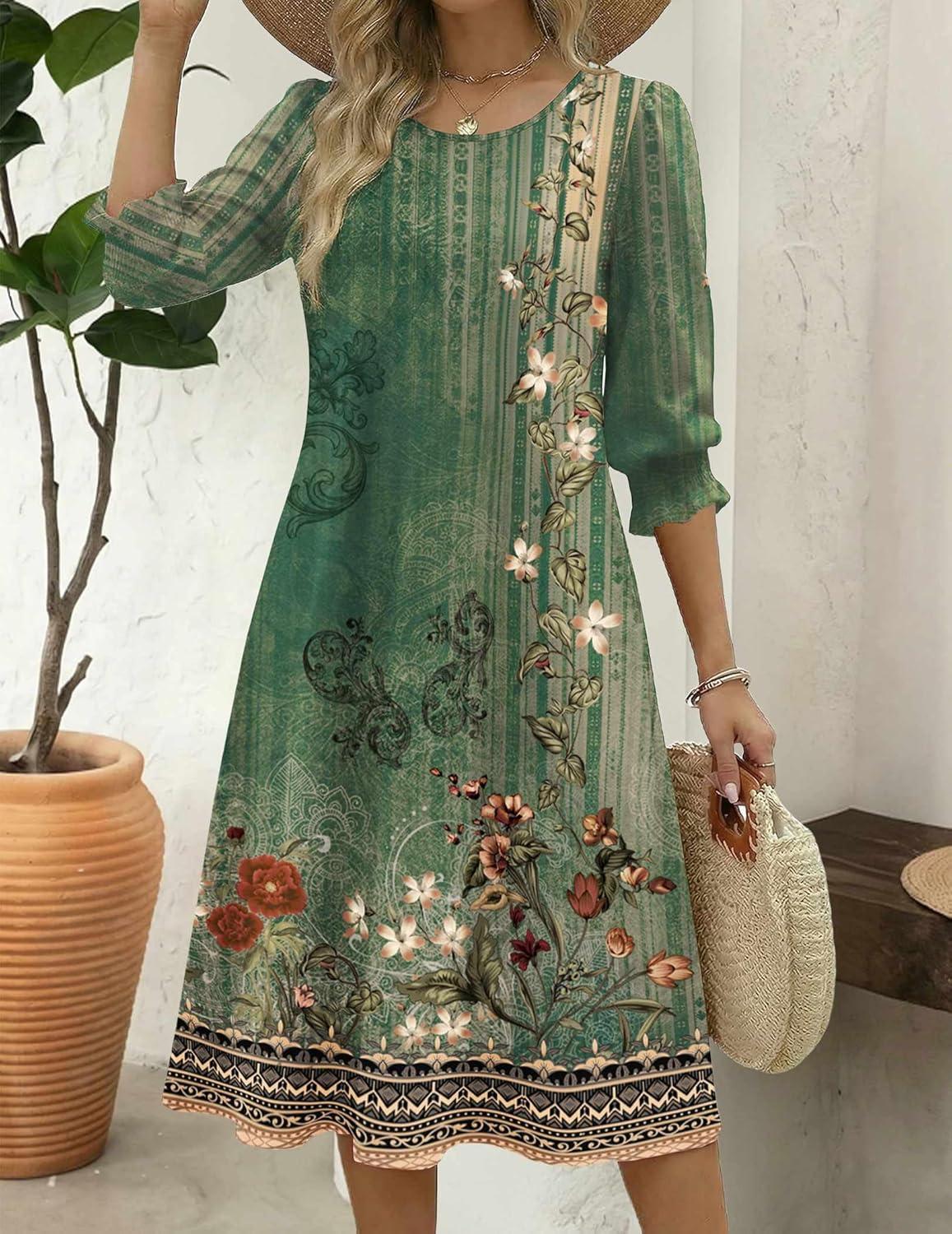 imageZeagoo Summer Dresses for Women 2026 34 Sleeve Dress for Women Floral Midi Dresses for Casual Womens Dresses with PocketsFloralmz840