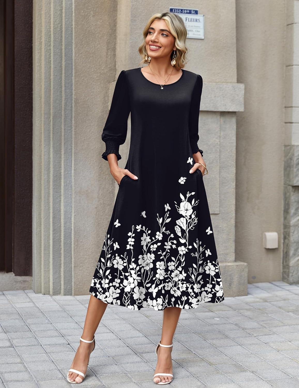 imageZeagoo Summer Dresses for Women 2026 34 Sleeve Dress for Women Floral Midi Dresses for Casual Womens Dresses with PocketsFloralsf100