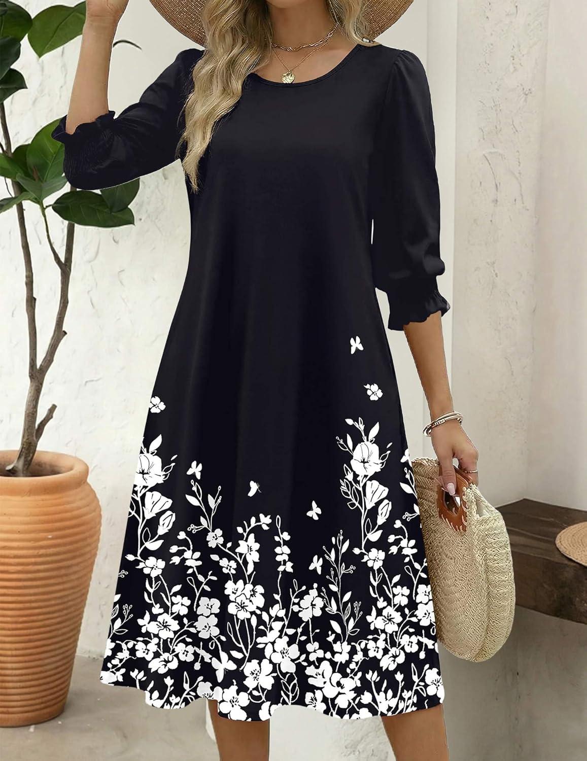 imageZeagoo Summer Dresses for Women 2026 34 Sleeve Dress for Women Floral Midi Dresses for Casual Womens Dresses with PocketsFloralsf100