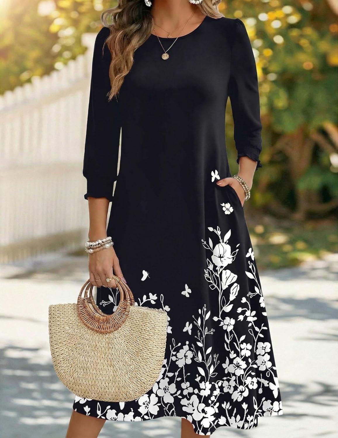 imageZeagoo Summer Dresses for Women 2026 34 Sleeve Dress for Women Floral Midi Dresses for Casual Womens Dresses with PocketsFloralsf100