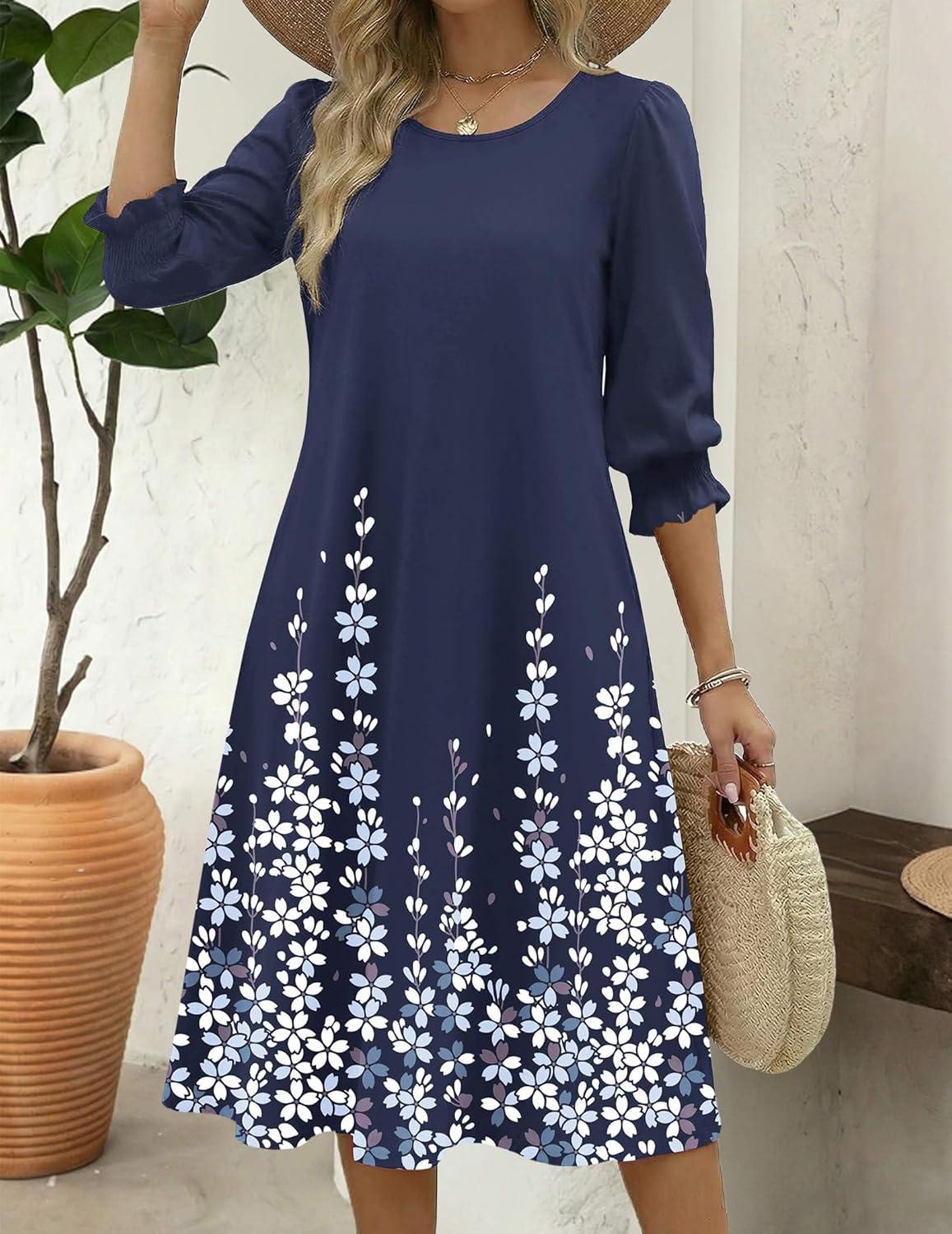 imageZeagoo Summer Dresses for Women 2026 34 Sleeve Dress for Women Floral Midi Dresses for Casual Womens Dresses with PocketsFloralsf119