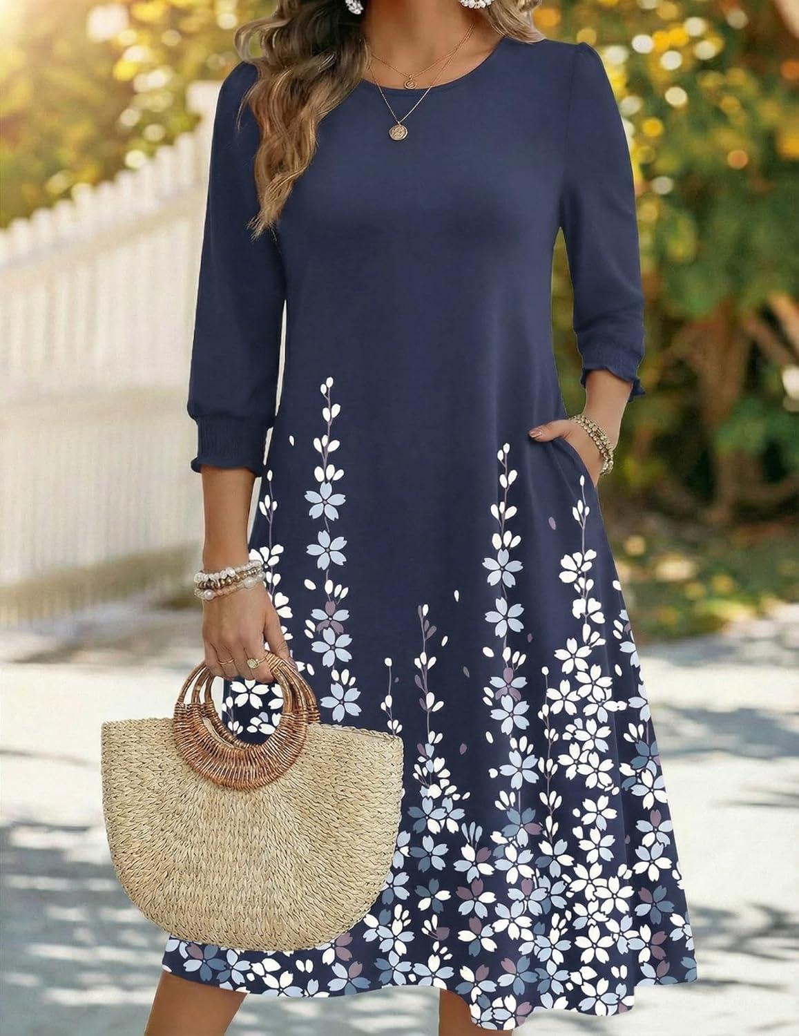 imageZeagoo Summer Dresses for Women 2026 34 Sleeve Dress for Women Floral Midi Dresses for Casual Womens Dresses with PocketsFloralsf119