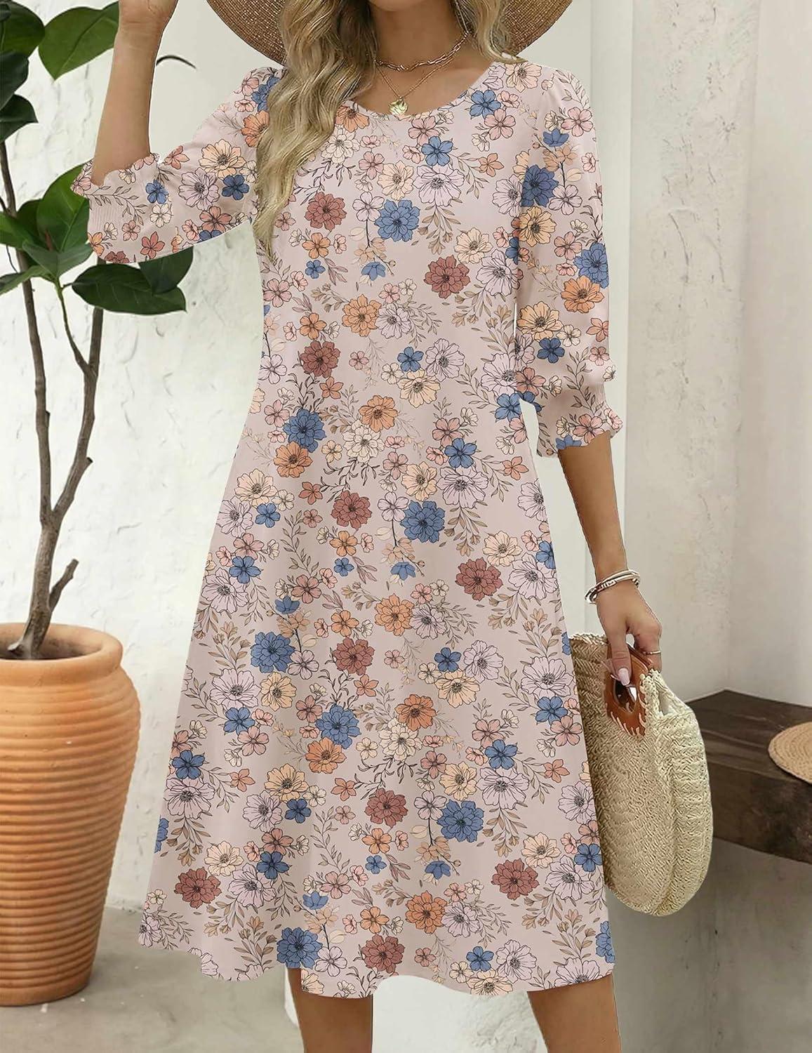 imageZeagoo Summer Dresses for Women 2026 34 Sleeve Dress for Women Floral Midi Dresses for Casual Womens Dresses with PocketsFloralsf170