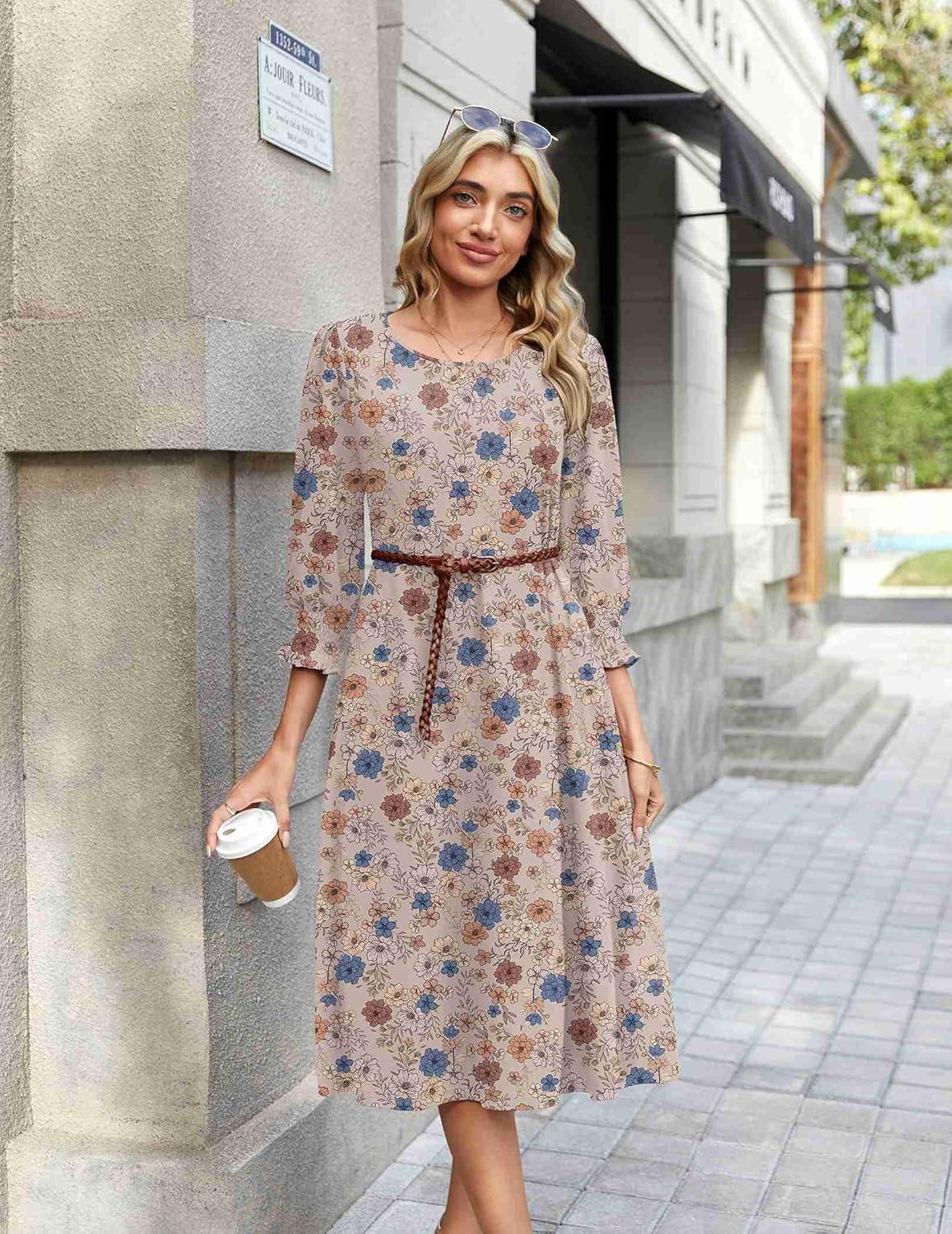 imageZeagoo Summer Dresses for Women 2026 34 Sleeve Dress for Women Floral Midi Dresses for Casual Womens Dresses with PocketsFloralsf170