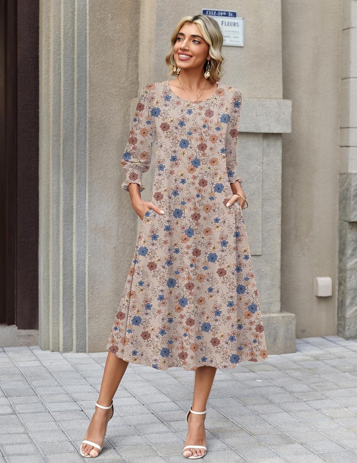 imageZeagoo Summer Dresses for Women 2026 34 Sleeve Dress for Women Floral Midi Dresses for Casual Womens Dresses with PocketsFloralsf170