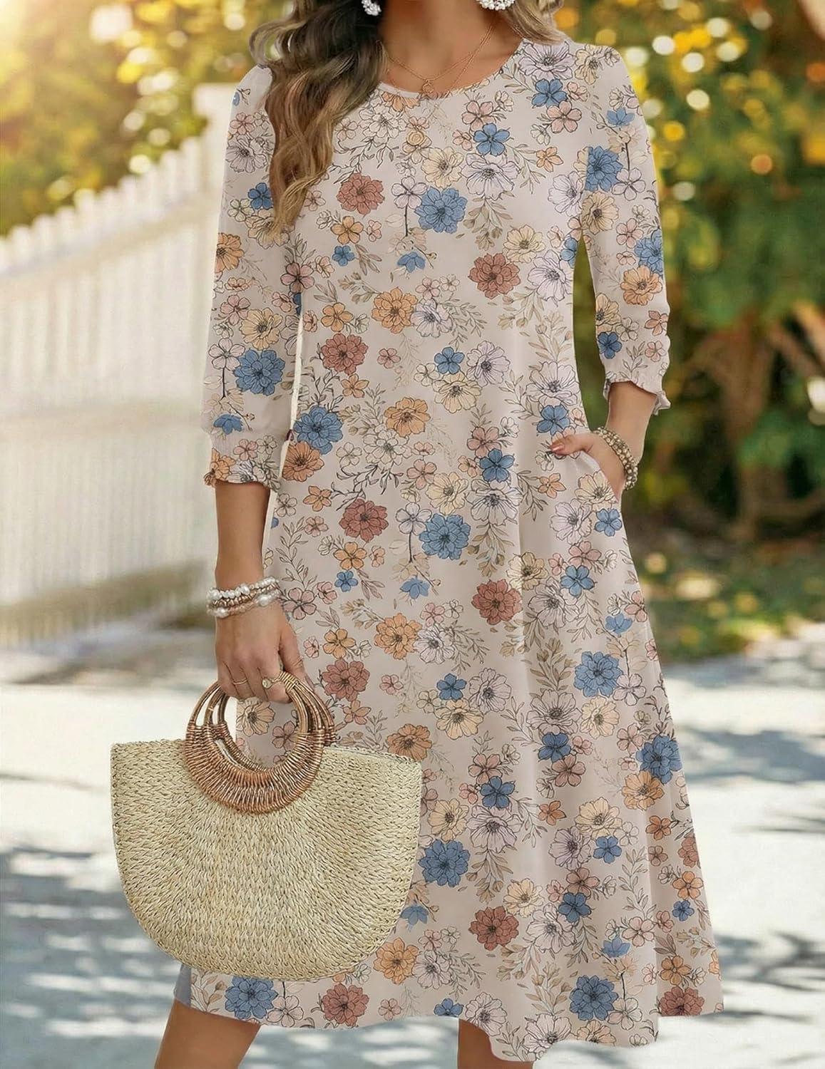 imageZeagoo Summer Dresses for Women 2026 34 Sleeve Dress for Women Floral Midi Dresses for Casual Womens Dresses with PocketsFloralsf170