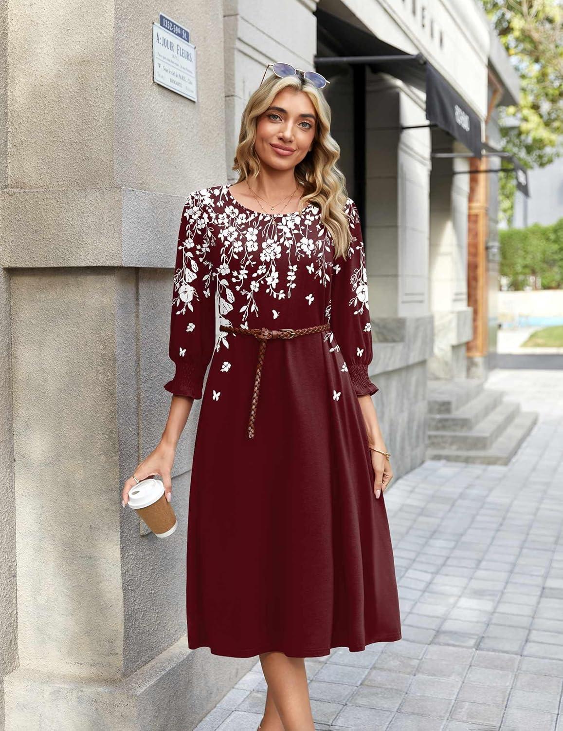 imageZeagoo Summer Dresses for Women 2026 34 Sleeve Dress for Women Floral Midi Dresses for Casual Womens Dresses with PocketsFloralsf186