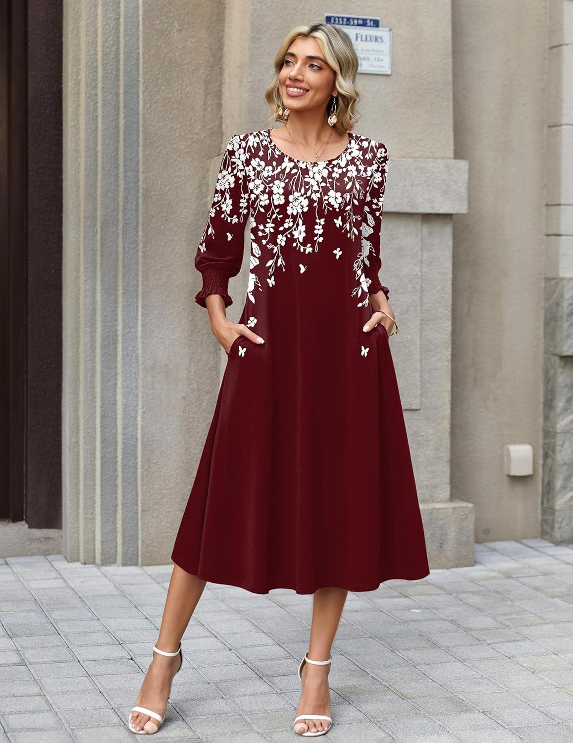 imageZeagoo Summer Dresses for Women 2026 34 Sleeve Dress for Women Floral Midi Dresses for Casual Womens Dresses with PocketsFloralsf186