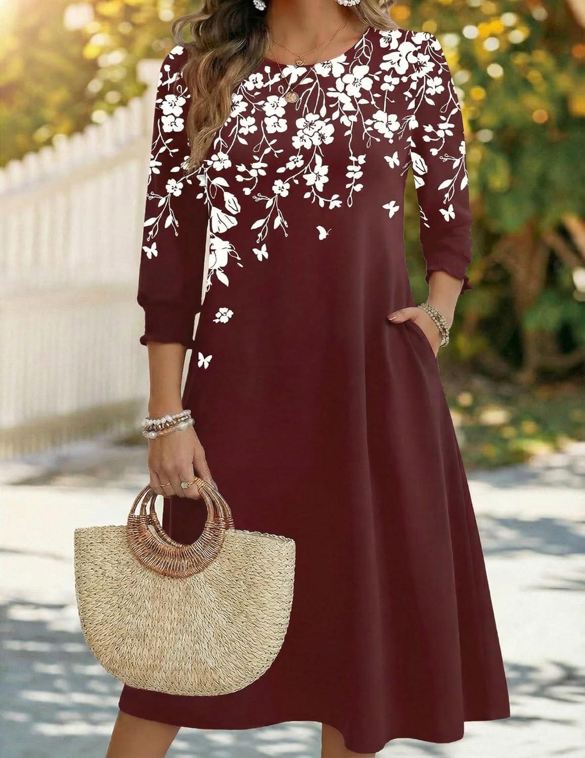 imageZeagoo Summer Dresses for Women 2026 34 Sleeve Dress for Women Floral Midi Dresses for Casual Womens Dresses with PocketsFloralsf186