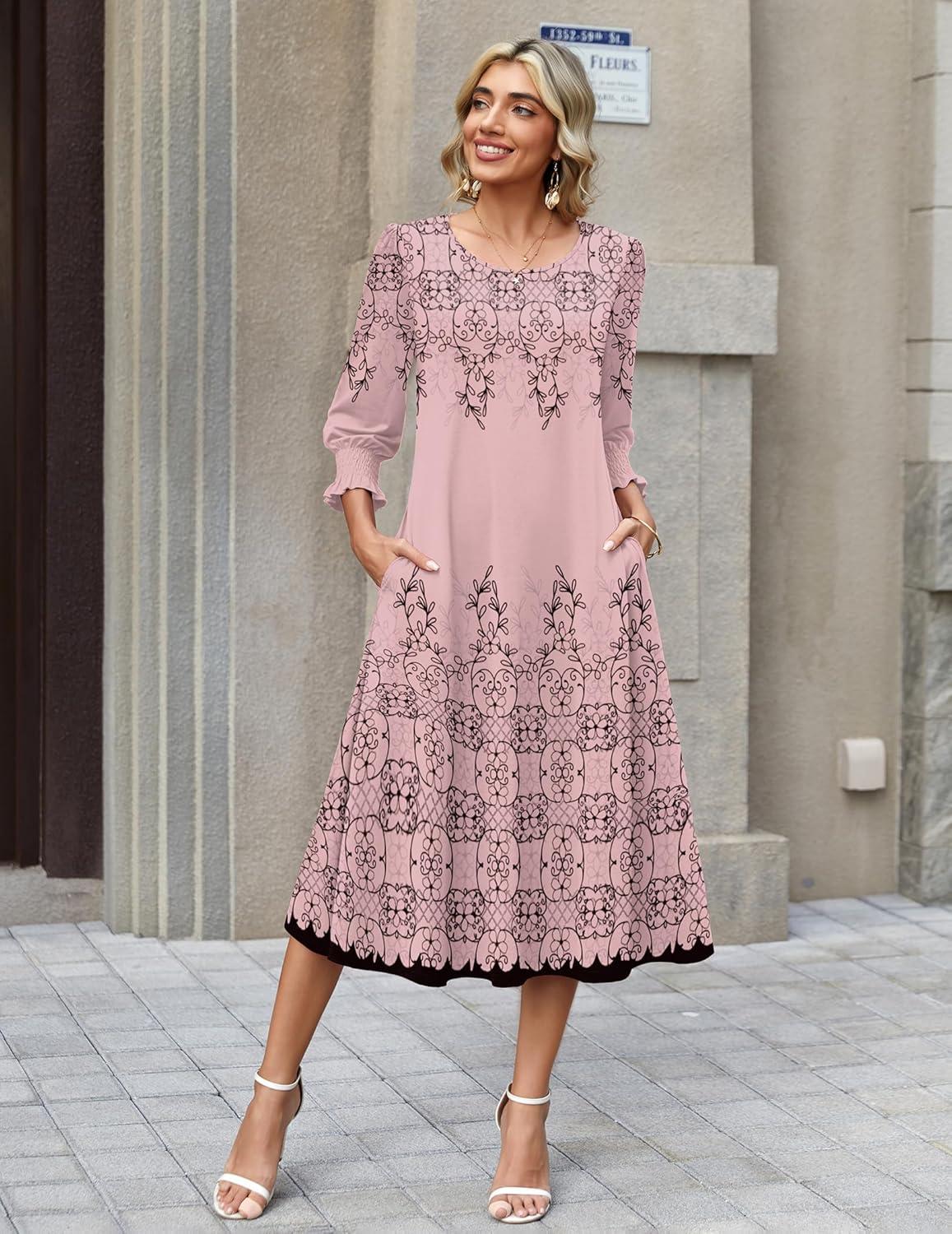 imageZeagoo Summer Dresses for Women 2026 34 Sleeve Dress for Women Floral Midi Dresses for Casual Womens Dresses with PocketsFloralsf292