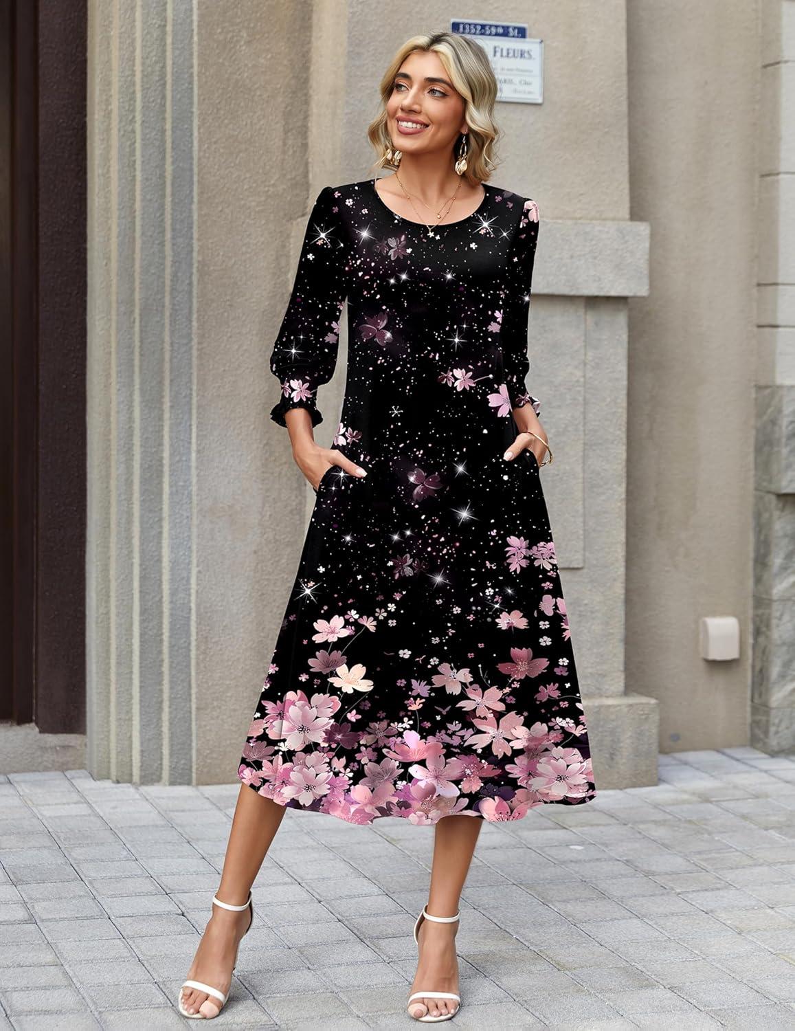 imageZeagoo Summer Dresses for Women 2026 34 Sleeve Dress for Women Floral Midi Dresses for Casual Womens Dresses with PocketsFloralsf31