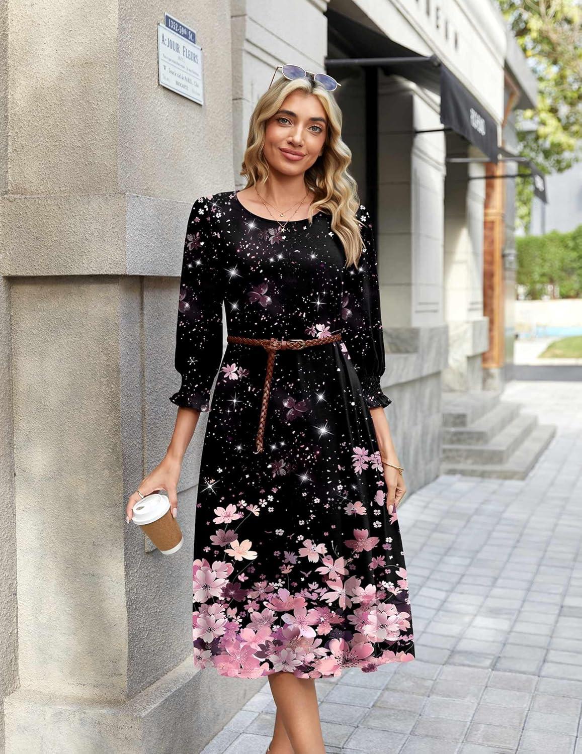 imageZeagoo Summer Dresses for Women 2026 34 Sleeve Dress for Women Floral Midi Dresses for Casual Womens Dresses with PocketsFloralsf31
