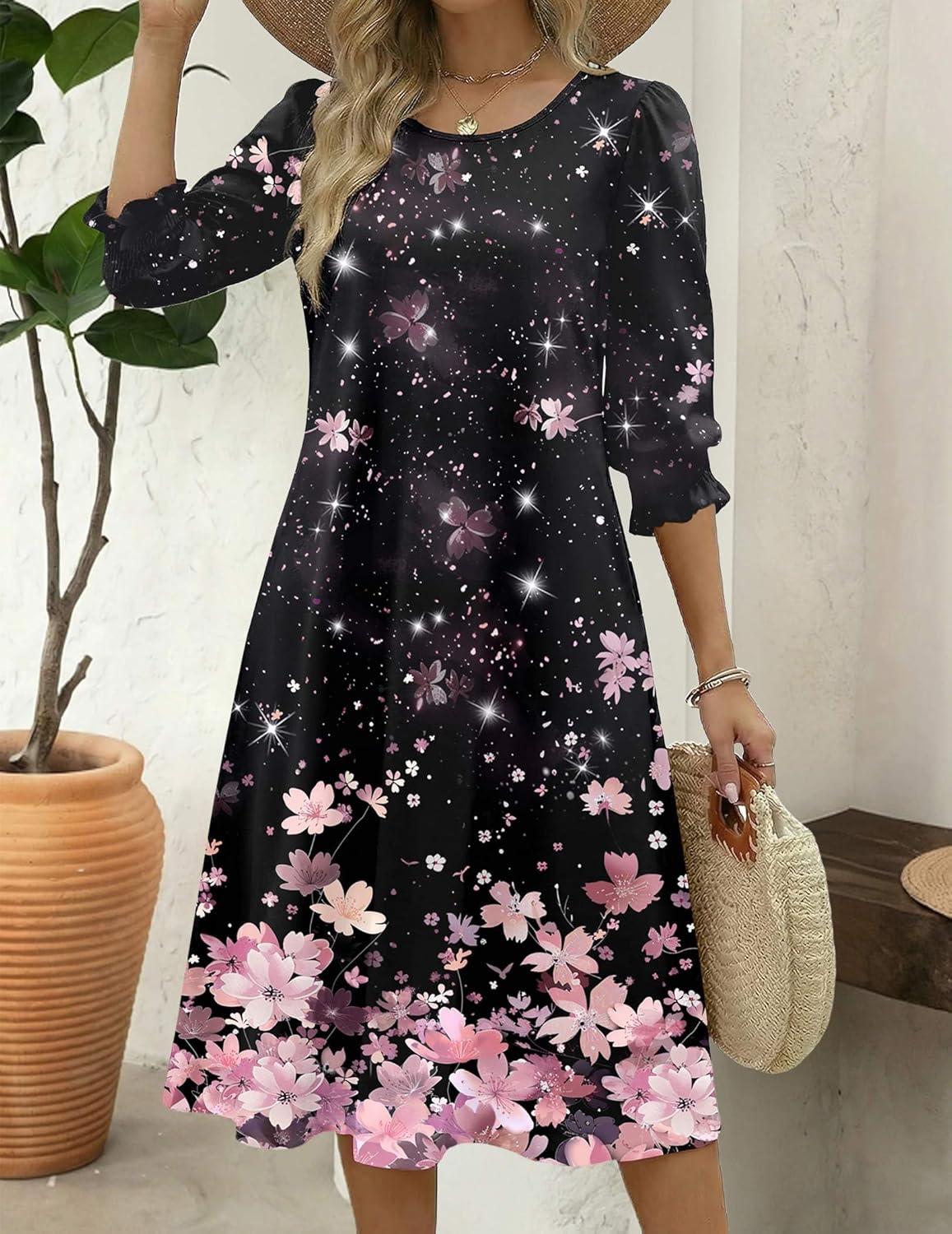 imageZeagoo Summer Dresses for Women 2026 34 Sleeve Dress for Women Floral Midi Dresses for Casual Womens Dresses with PocketsFloralsf31