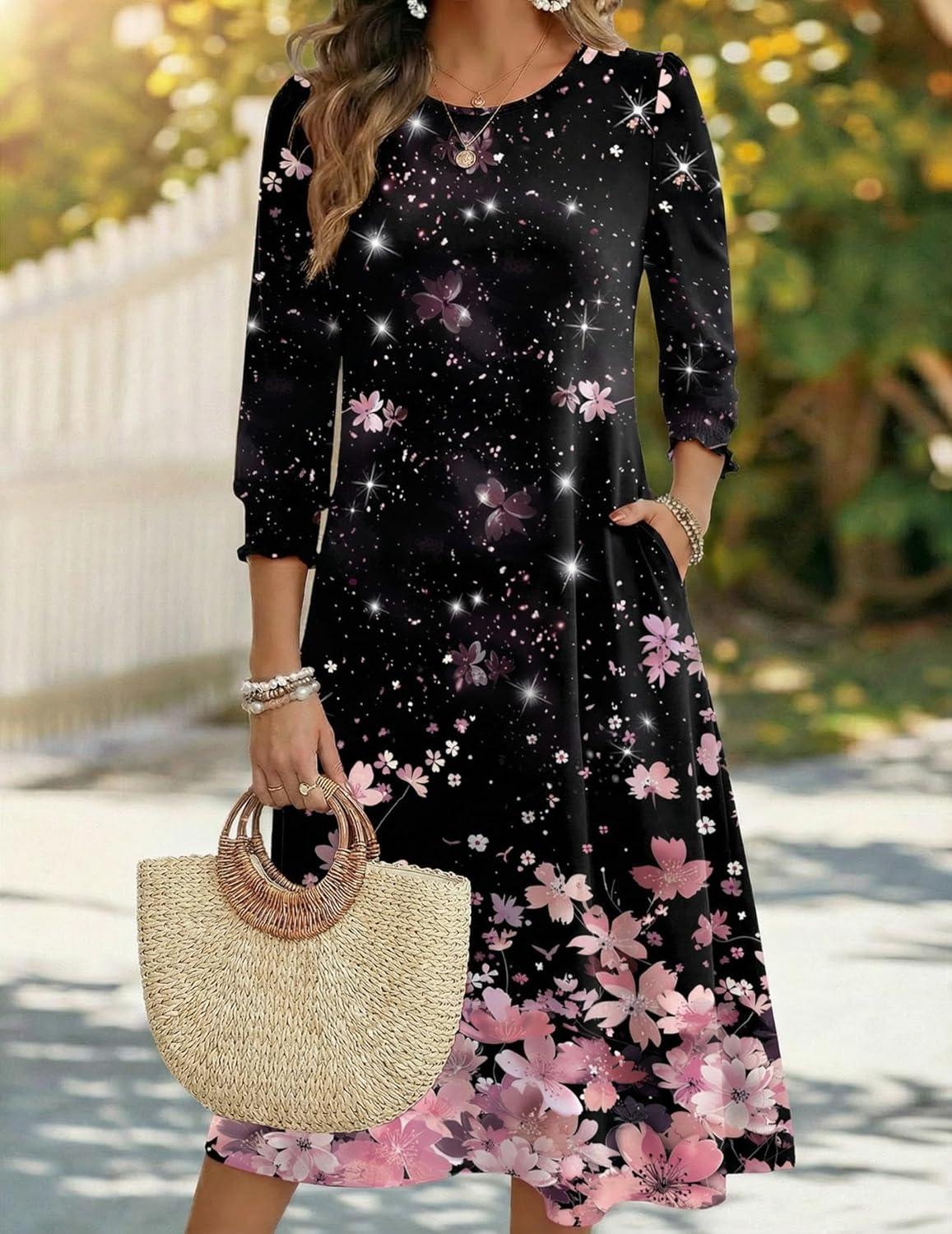 imageZeagoo Summer Dresses for Women 2026 34 Sleeve Dress for Women Floral Midi Dresses for Casual Womens Dresses with PocketsFloralsf31