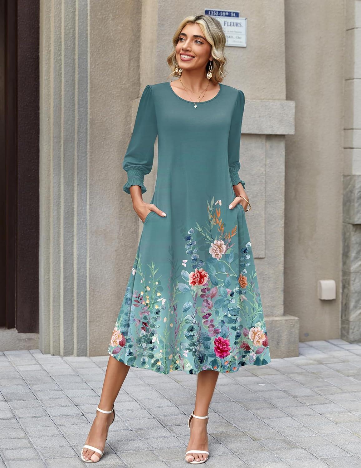 imageZeagoo Summer Dresses for Women 2026 34 Sleeve Dress for Women Floral Midi Dresses for Casual Womens Dresses with PocketsFloralwf115