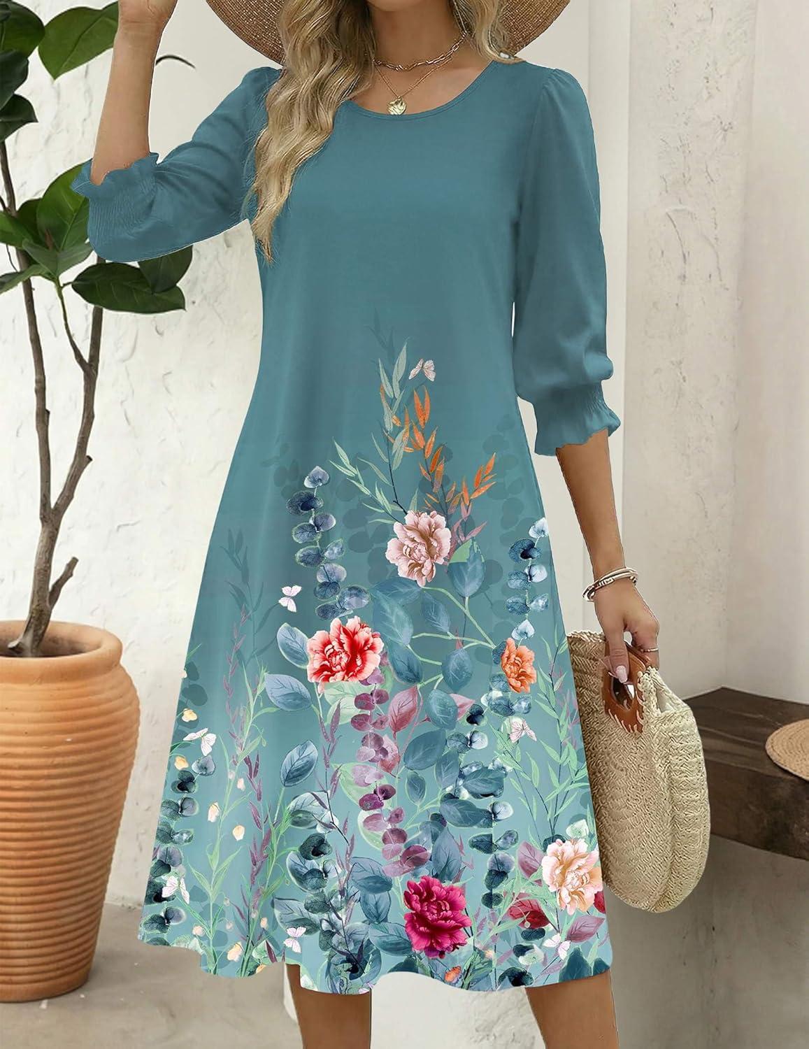 imageZeagoo Summer Dresses for Women 2026 34 Sleeve Dress for Women Floral Midi Dresses for Casual Womens Dresses with PocketsFloralwf115