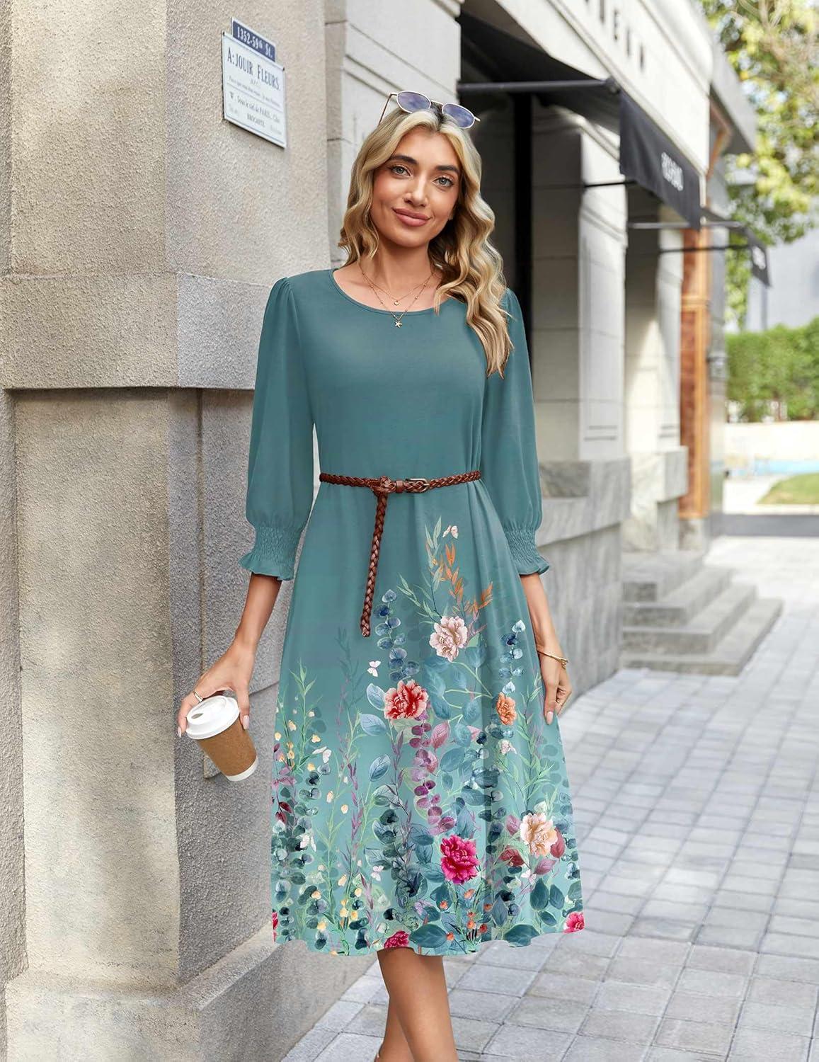 imageZeagoo Summer Dresses for Women 2026 34 Sleeve Dress for Women Floral Midi Dresses for Casual Womens Dresses with PocketsFloralwf115