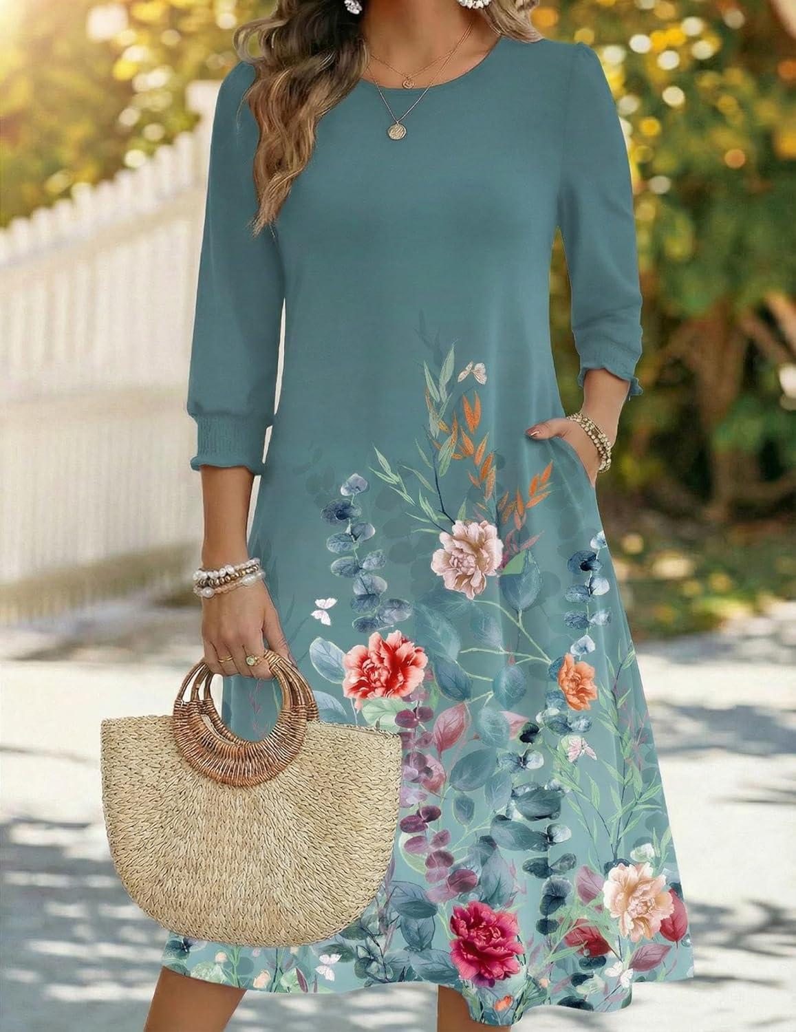 imageZeagoo Summer Dresses for Women 2026 34 Sleeve Dress for Women Floral Midi Dresses for Casual Womens Dresses with PocketsFloralwf115