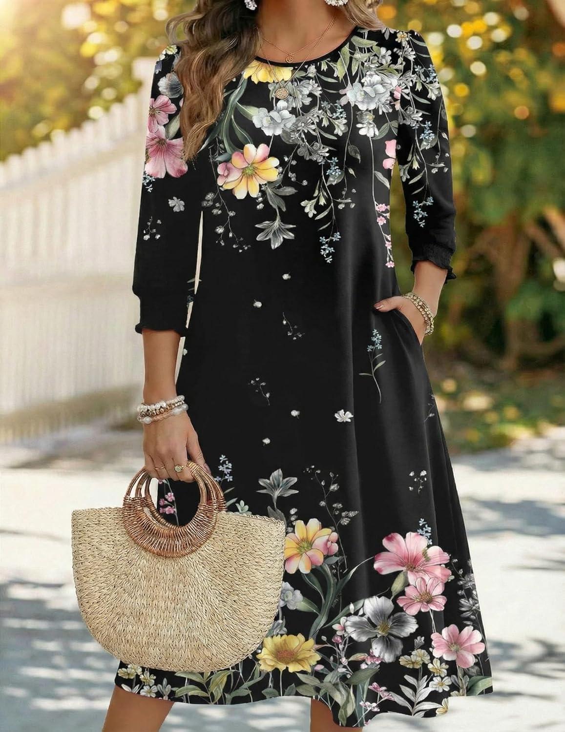 imageZeagoo Summer Dresses for Women 2026 34 Sleeve Dress for Women Floral Midi Dresses for Casual Womens Dresses with PocketsFloralwf120