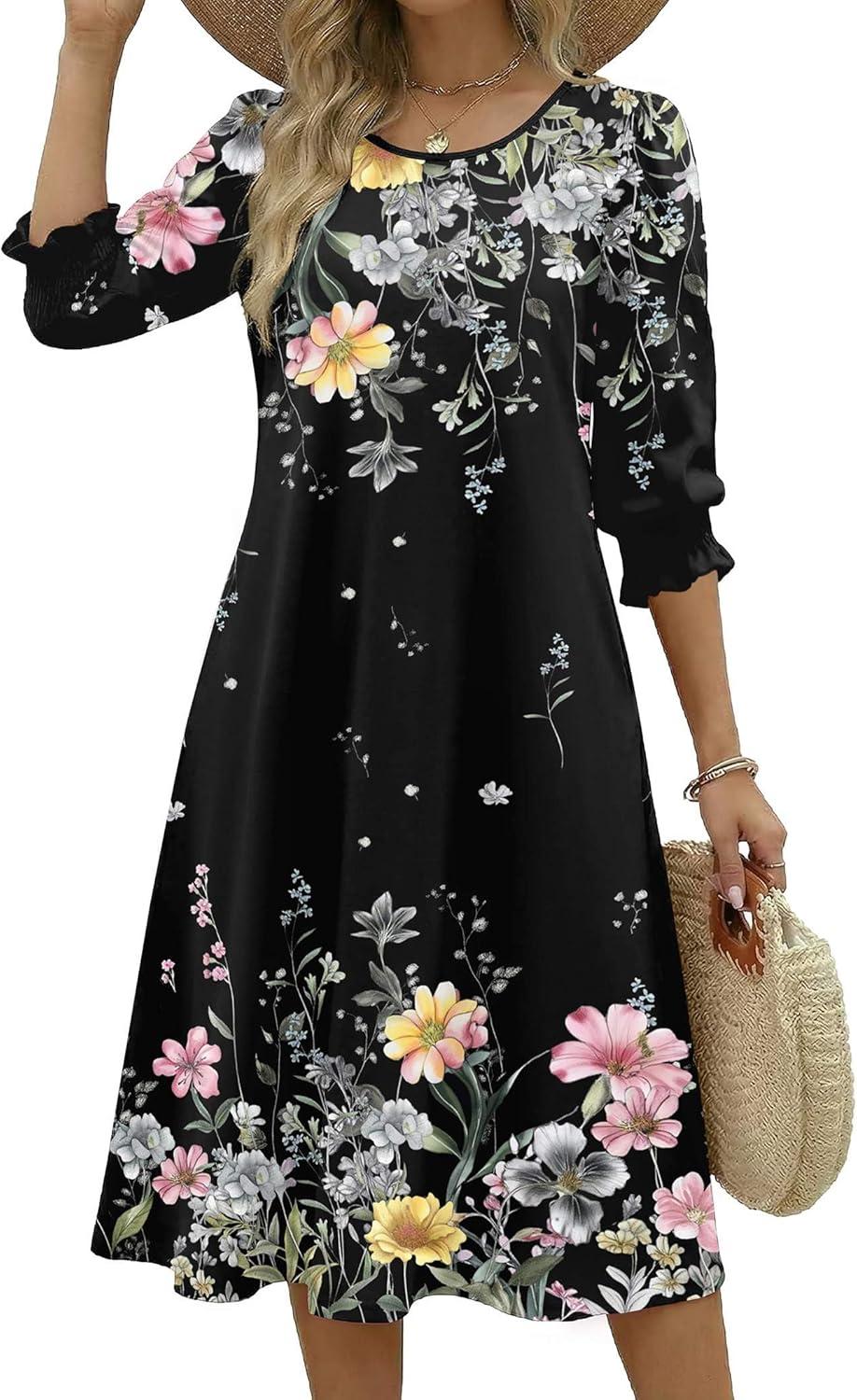 imageZeagoo Summer Dresses for Women 2026 34 Sleeve Dress for Women Floral Midi Dresses for Casual Womens Dresses with PocketsFloralwf120