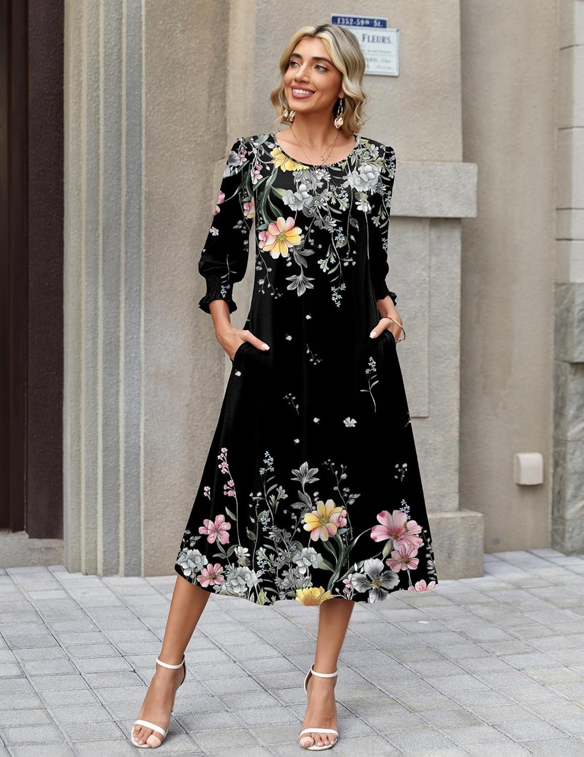 imageZeagoo Summer Dresses for Women 2026 34 Sleeve Dress for Women Floral Midi Dresses for Casual Womens Dresses with PocketsFloralwf120