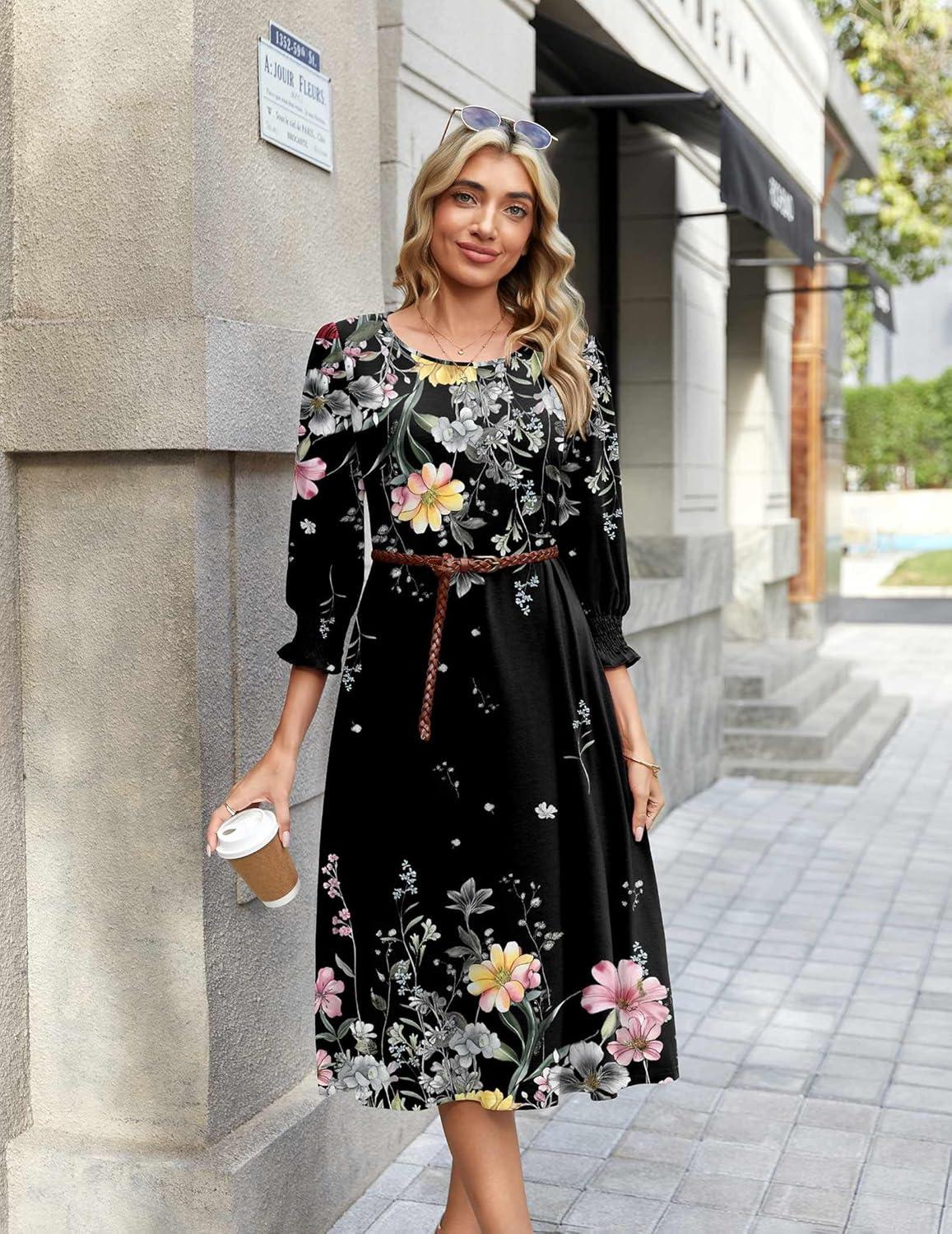 imageZeagoo Summer Dresses for Women 2026 34 Sleeve Dress for Women Floral Midi Dresses for Casual Womens Dresses with PocketsFloralwf120