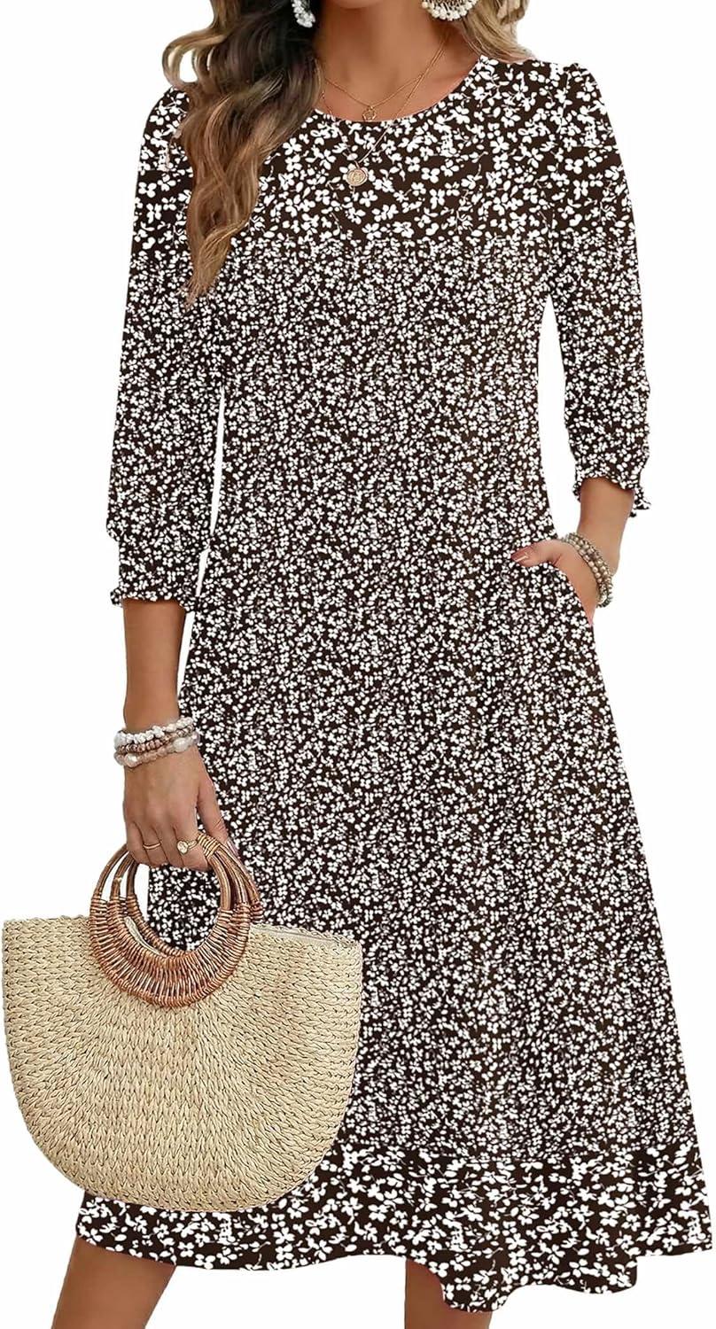 imageZeagoo Summer Dresses for Women 2026 34 Sleeve Dress for Women Floral Midi Dresses for Casual Womens Dresses with PocketsFloralxh526