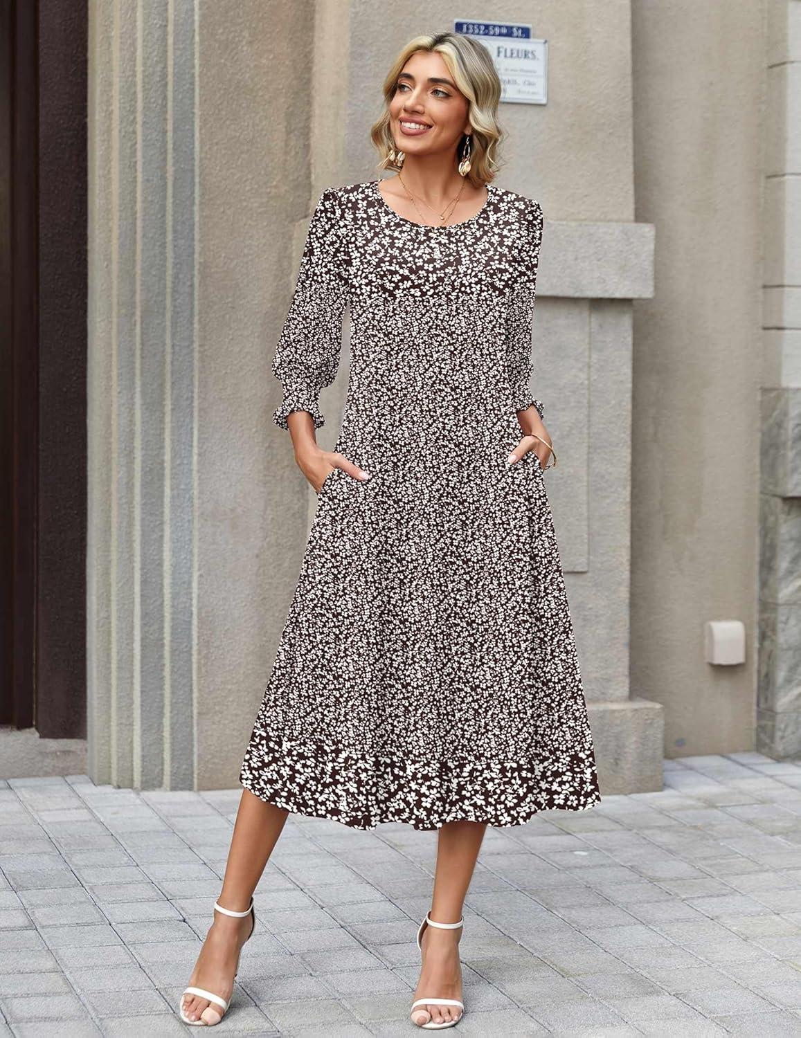 imageZeagoo Summer Dresses for Women 2026 34 Sleeve Dress for Women Floral Midi Dresses for Casual Womens Dresses with PocketsFloralxh526