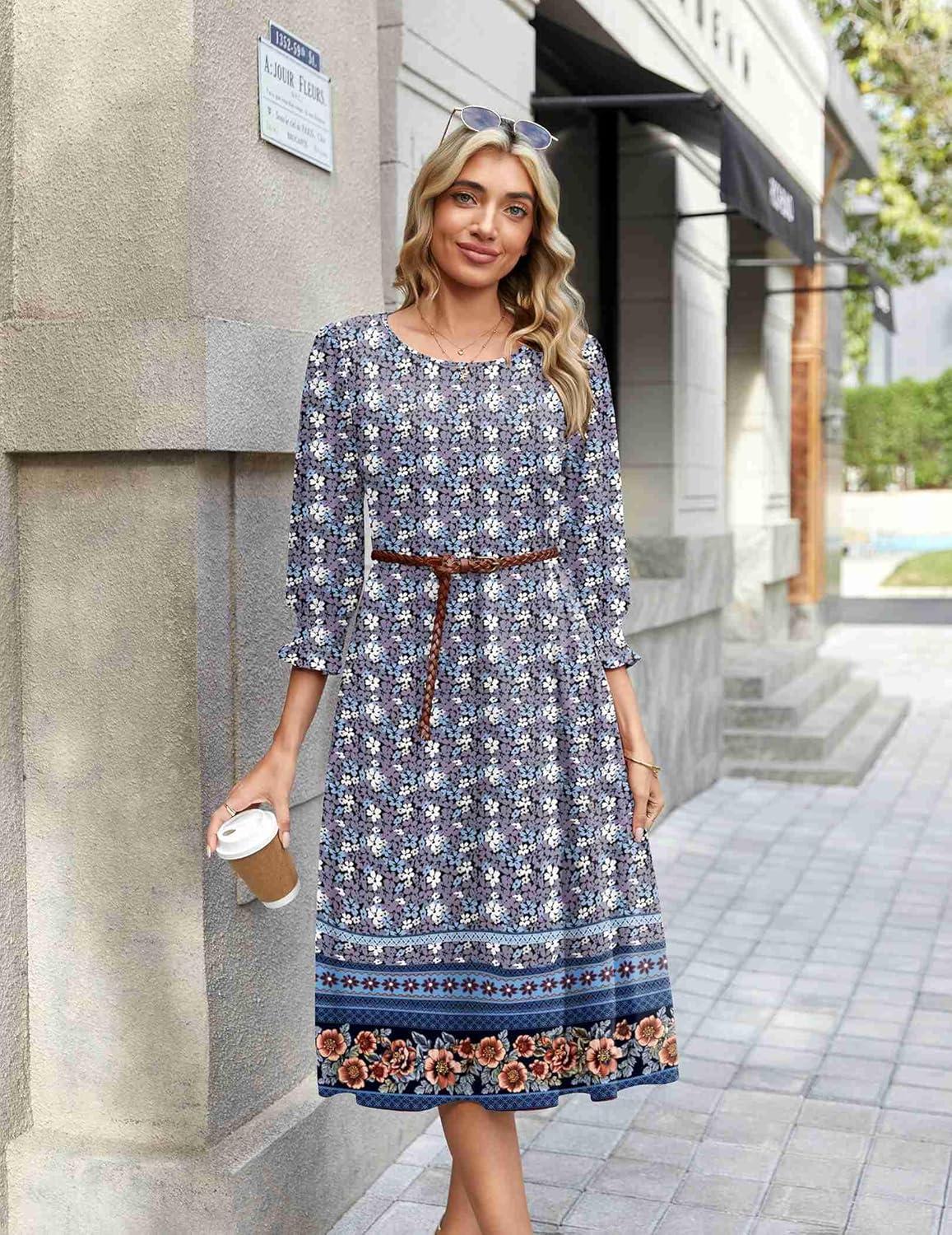imageZeagoo Summer Dresses for Women 2026 34 Sleeve Dress for Women Floral Midi Dresses for Casual Womens Dresses with PocketsFloralxh547