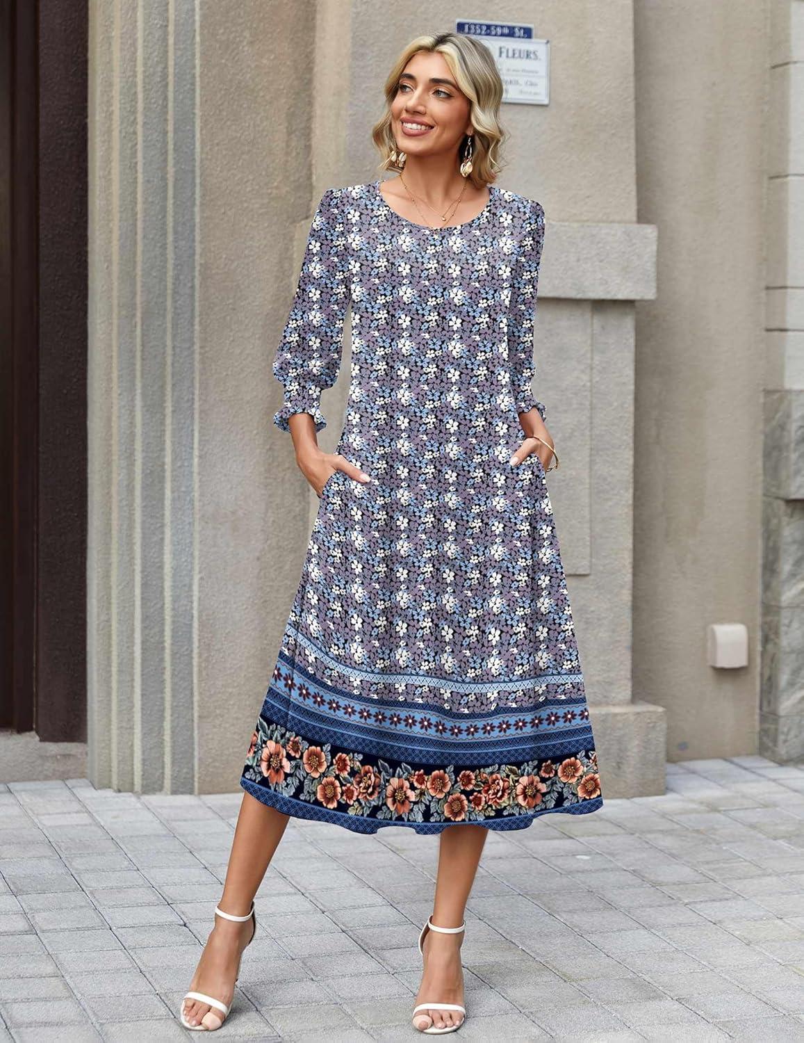 imageZeagoo Summer Dresses for Women 2026 34 Sleeve Dress for Women Floral Midi Dresses for Casual Womens Dresses with PocketsFloralxh547