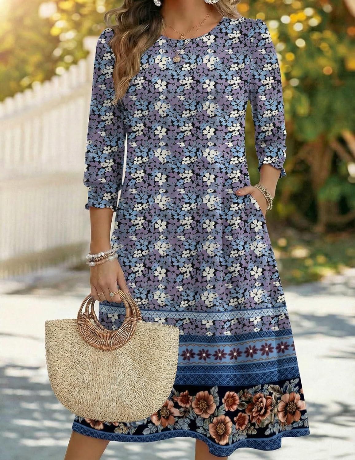 imageZeagoo Summer Dresses for Women 2026 34 Sleeve Dress for Women Floral Midi Dresses for Casual Womens Dresses with PocketsFloralxh547