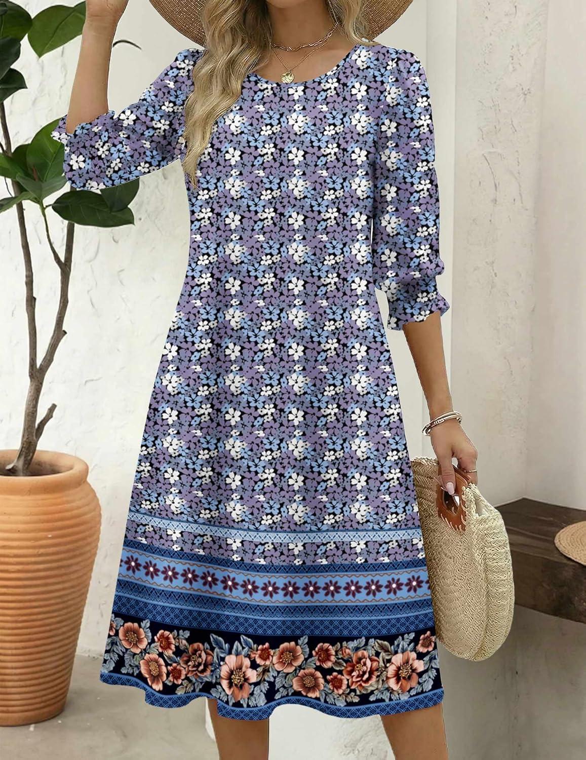 imageZeagoo Summer Dresses for Women 2026 34 Sleeve Dress for Women Floral Midi Dresses for Casual Womens Dresses with PocketsFloralxh547