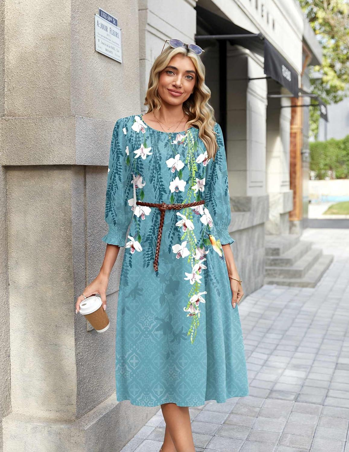 imageZeagoo Summer Dresses for Women 2026 34 Sleeve Dress for Women Floral Midi Dresses for Casual Womens Dresses with PocketsFloralzw89