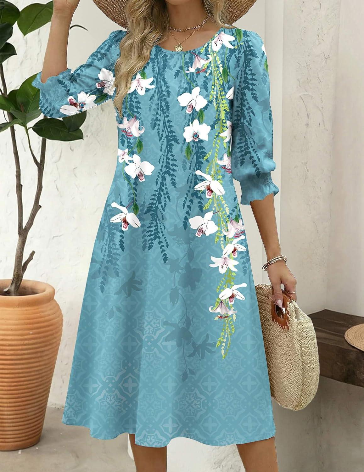 imageZeagoo Summer Dresses for Women 2026 34 Sleeve Dress for Women Floral Midi Dresses for Casual Womens Dresses with PocketsFloralzw89