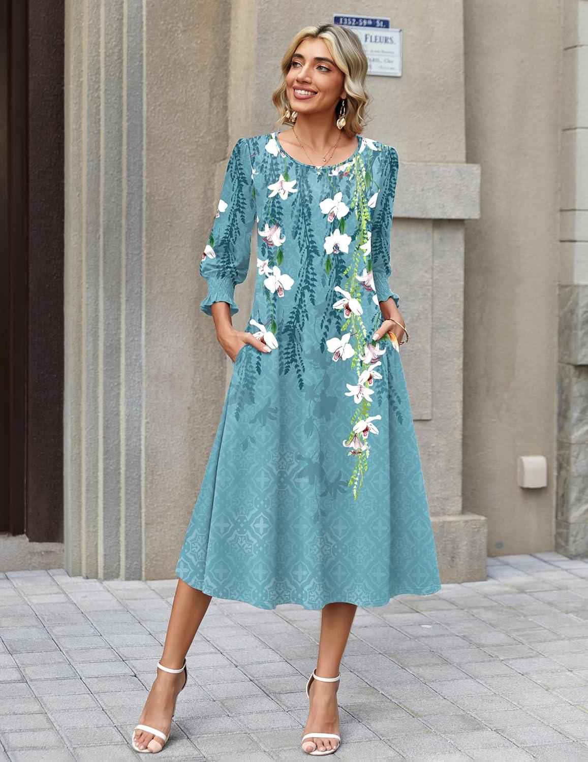 imageZeagoo Summer Dresses for Women 2026 34 Sleeve Dress for Women Floral Midi Dresses for Casual Womens Dresses with PocketsFloralzw89