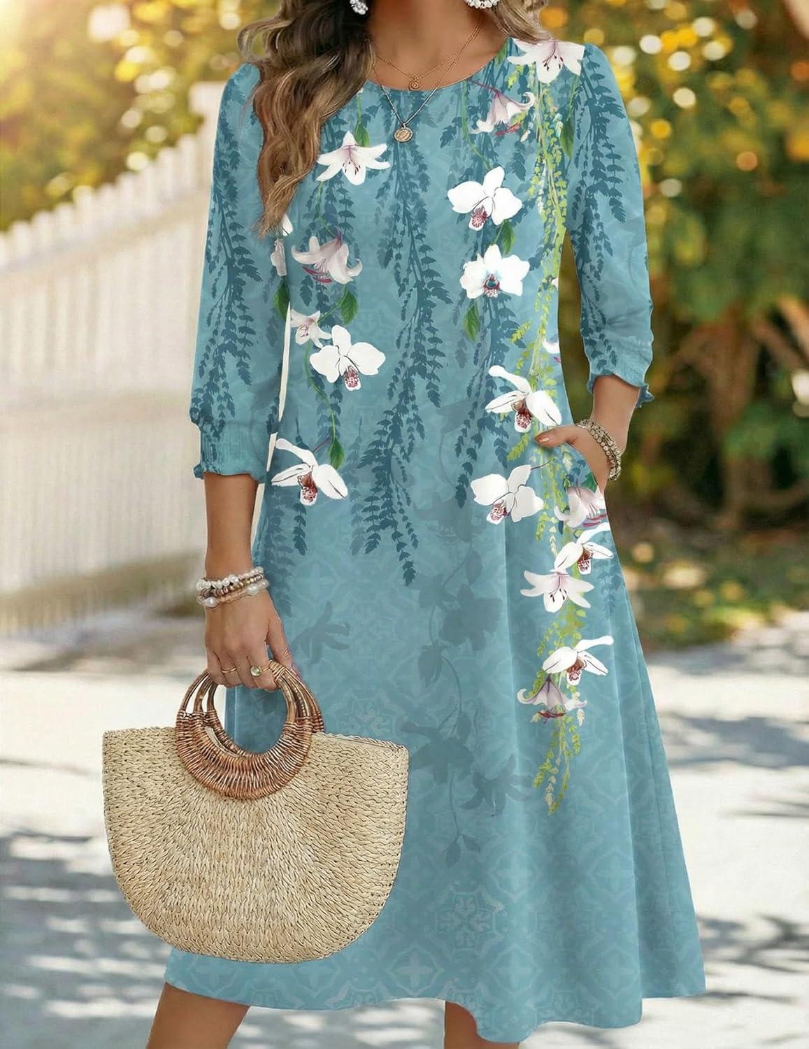 imageZeagoo Summer Dresses for Women 2026 34 Sleeve Dress for Women Floral Midi Dresses for Casual Womens Dresses with PocketsFloralzw89