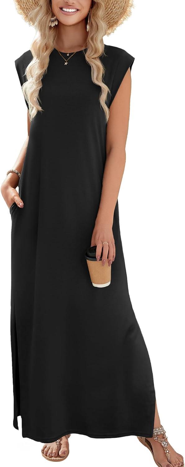 imageZeagoo Summer Dresses for Women 2026 Black Long Maxi Sundresses Loose Split WrinkleFree Beach Travel Vacation ClothesA01black