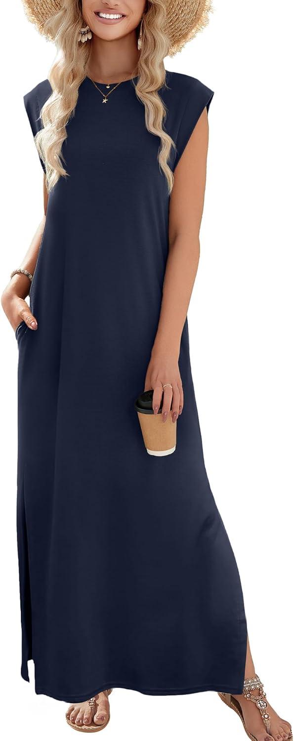 imageZeagoo Summer Dresses for Women 2026 Black Long Maxi Sundresses Loose Split WrinkleFree Beach Travel Vacation ClothesA02blue