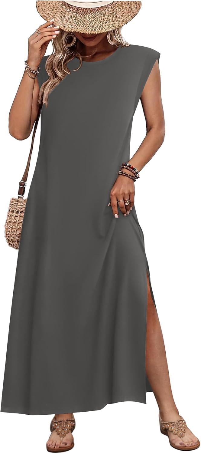 imageZeagoo Summer Dresses for Women 2026 Black Long Maxi Sundresses Loose Split WrinkleFree Beach Travel Vacation ClothesDark Gray