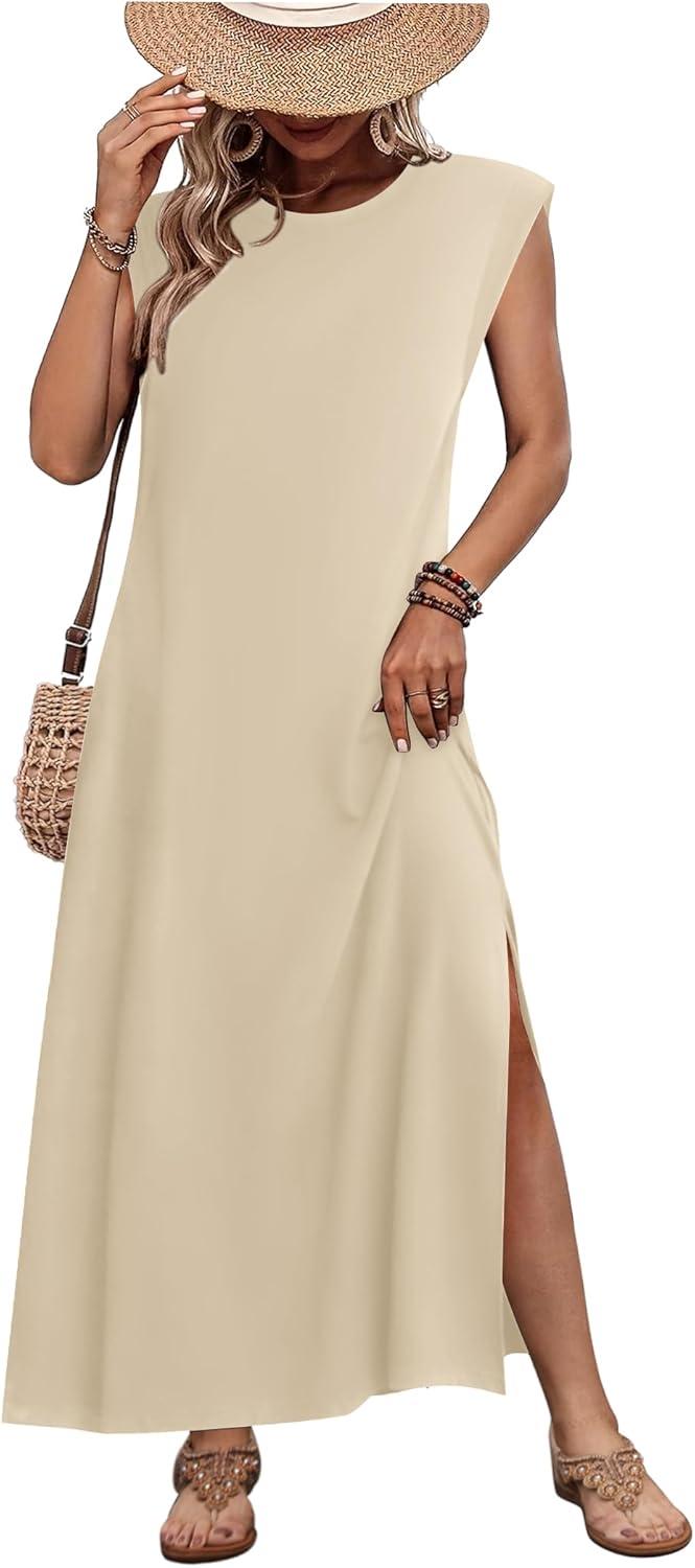 imageZeagoo Summer Dresses for Women 2026 Black Long Maxi Sundresses Loose Split WrinkleFree Beach Travel Vacation ClothesLight Brown